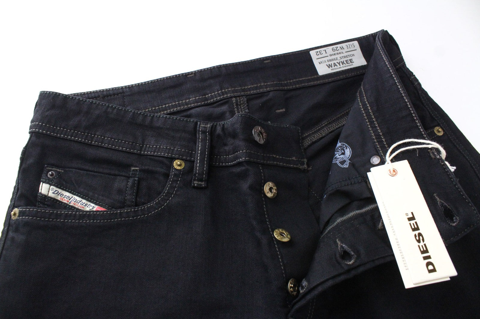 DIESEL Waykee 0886Z Men's Denim Pants W29/L32 Black Straight Elastic Button Fly