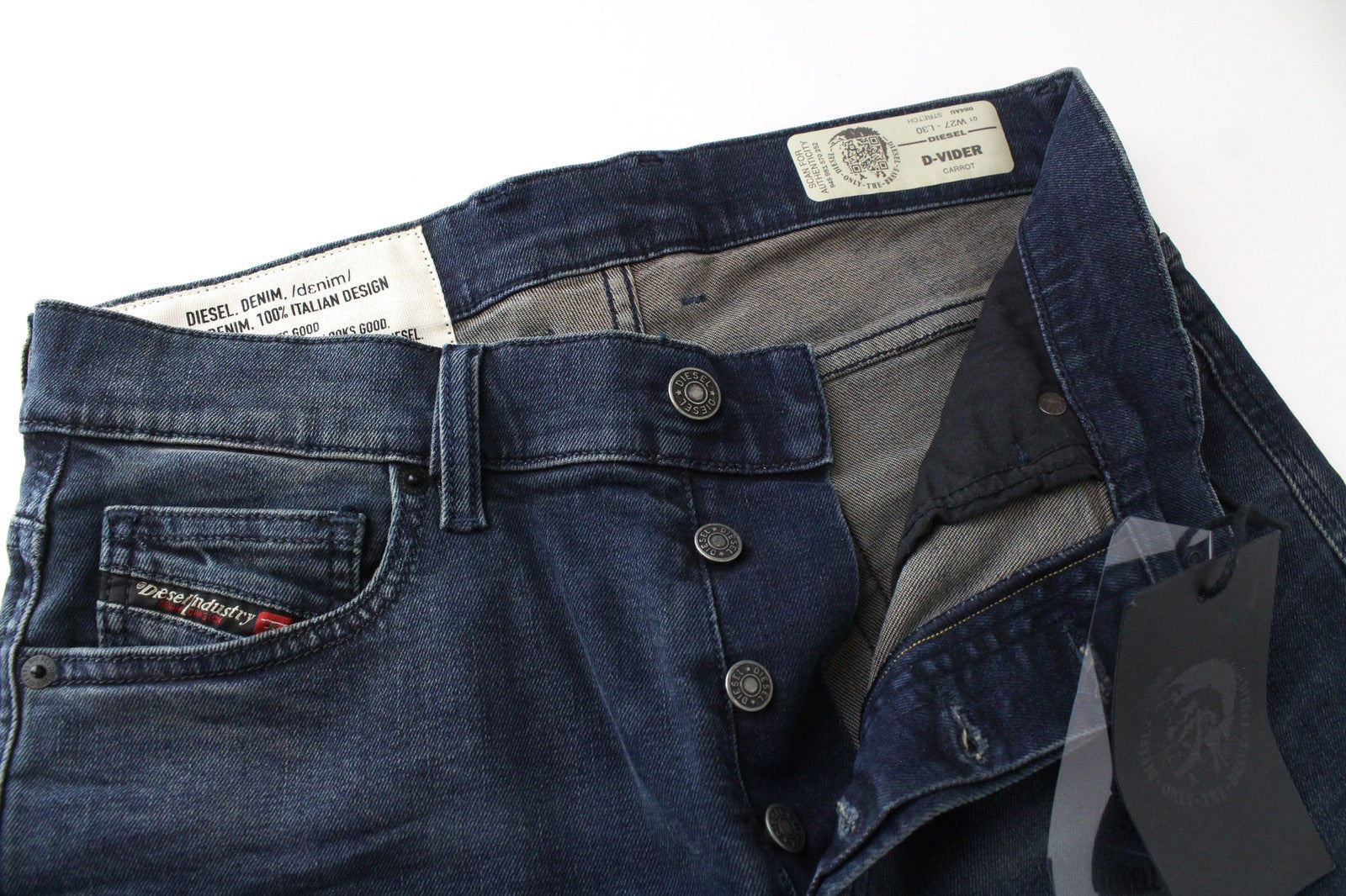 DIESEL D-Vider 084AU vyriškos džinsinės kelnės W27/L30 tamsiai mėlynos elastinės su sagomis 