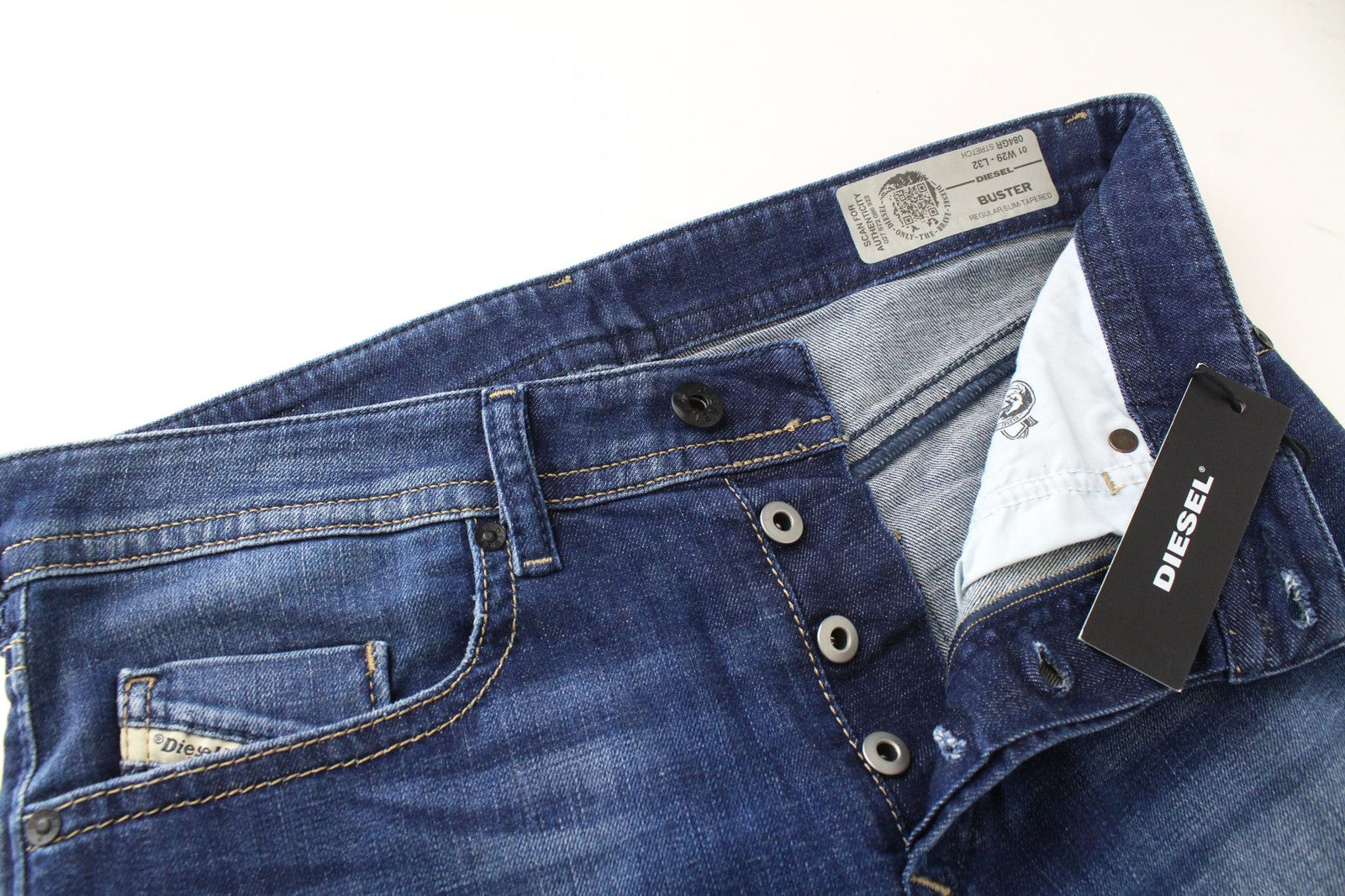 DIESEL Buster 084GR vyriški ploni siaurėjantys tamprūs mėlyni medvilniniai džinsai W29 L32 