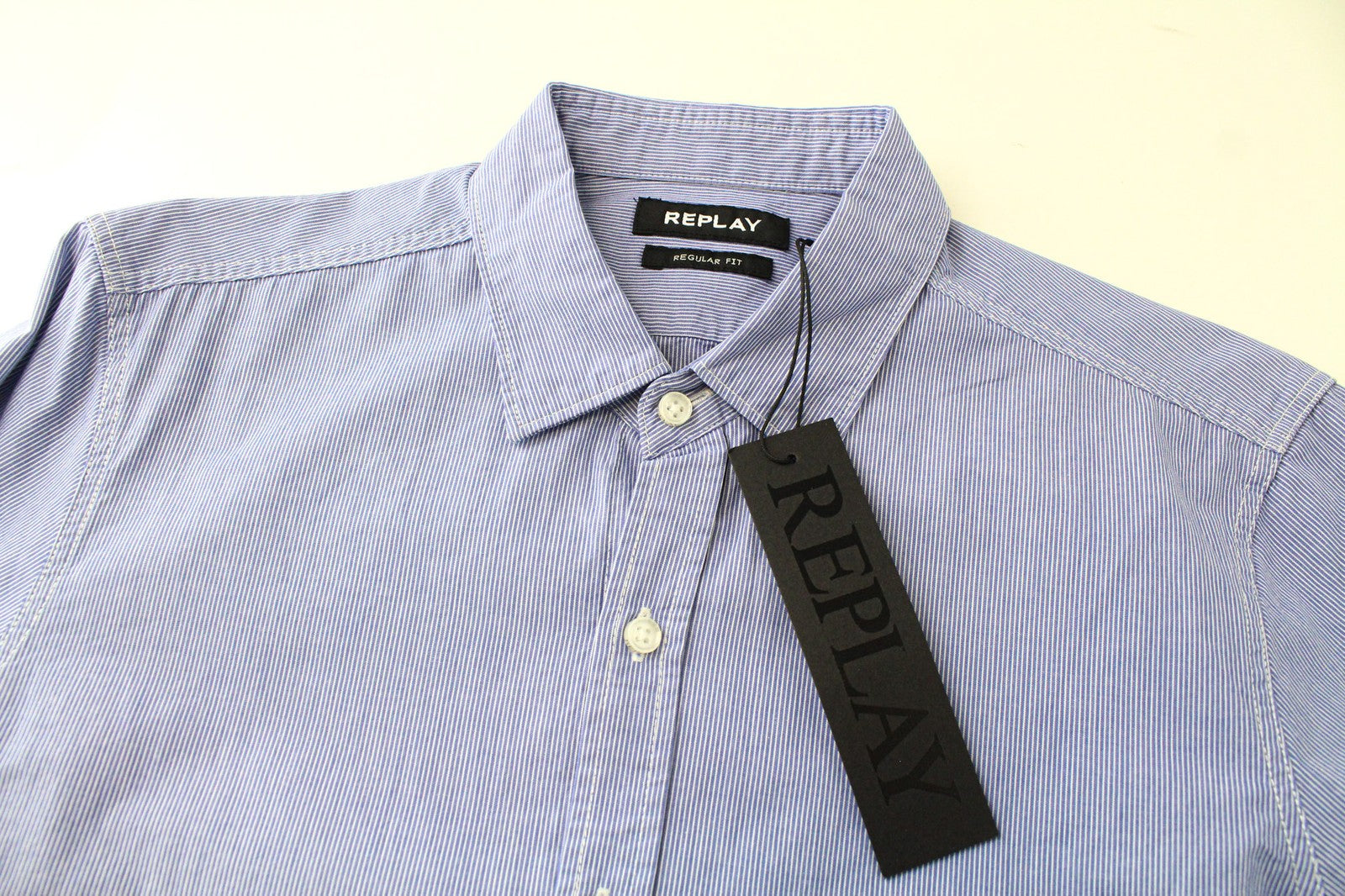 REPLAY vyriški dryžuoti mėlyni dryžuoti marškinėliai S dydžio grynos medvilnės ilgomis rankovėmis su sagomis