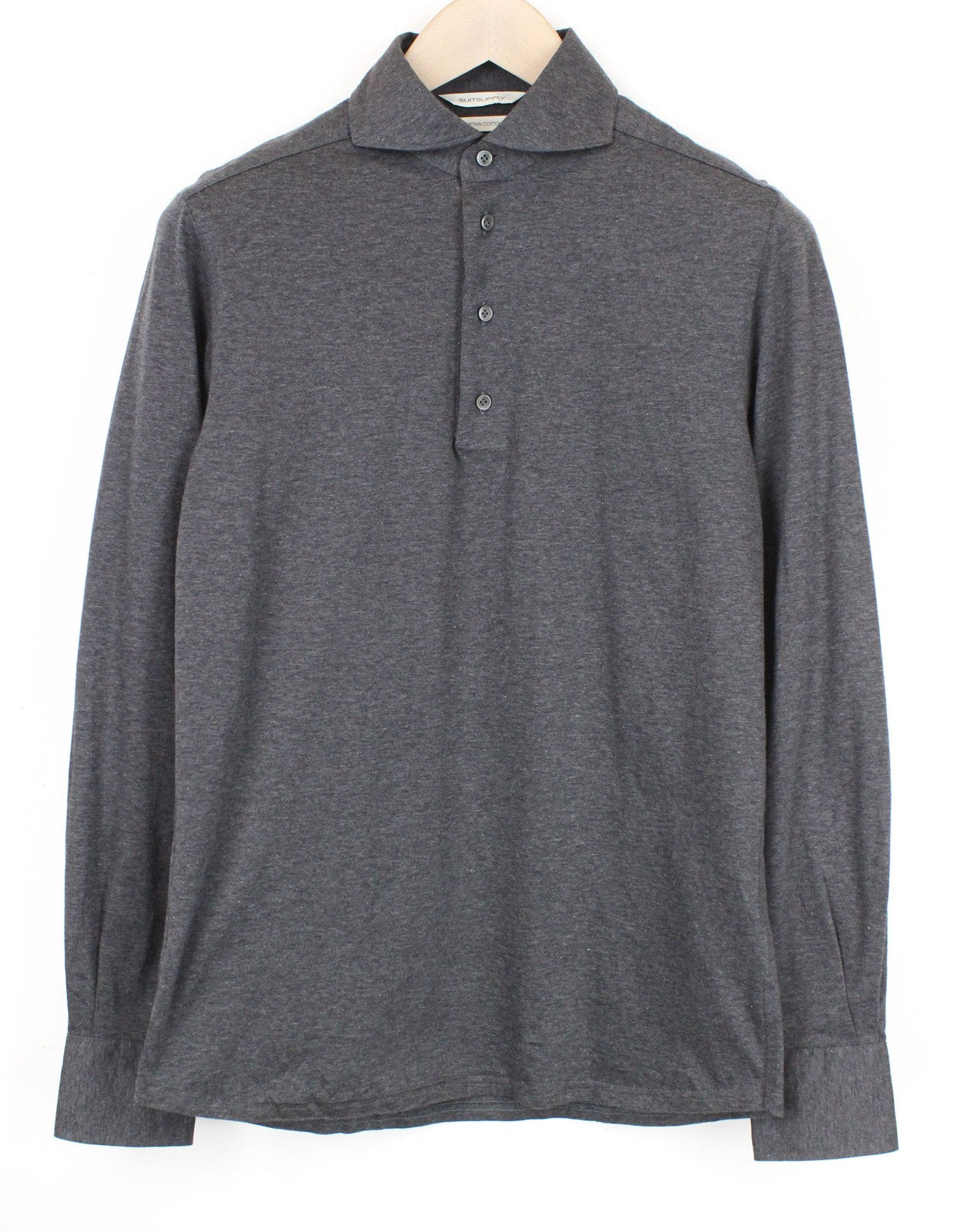 SUITSUPPLY vyriški polo marškinėliai 37/38 pilki, ploni, grynos medvilnės, ilgomis rankovėmis 