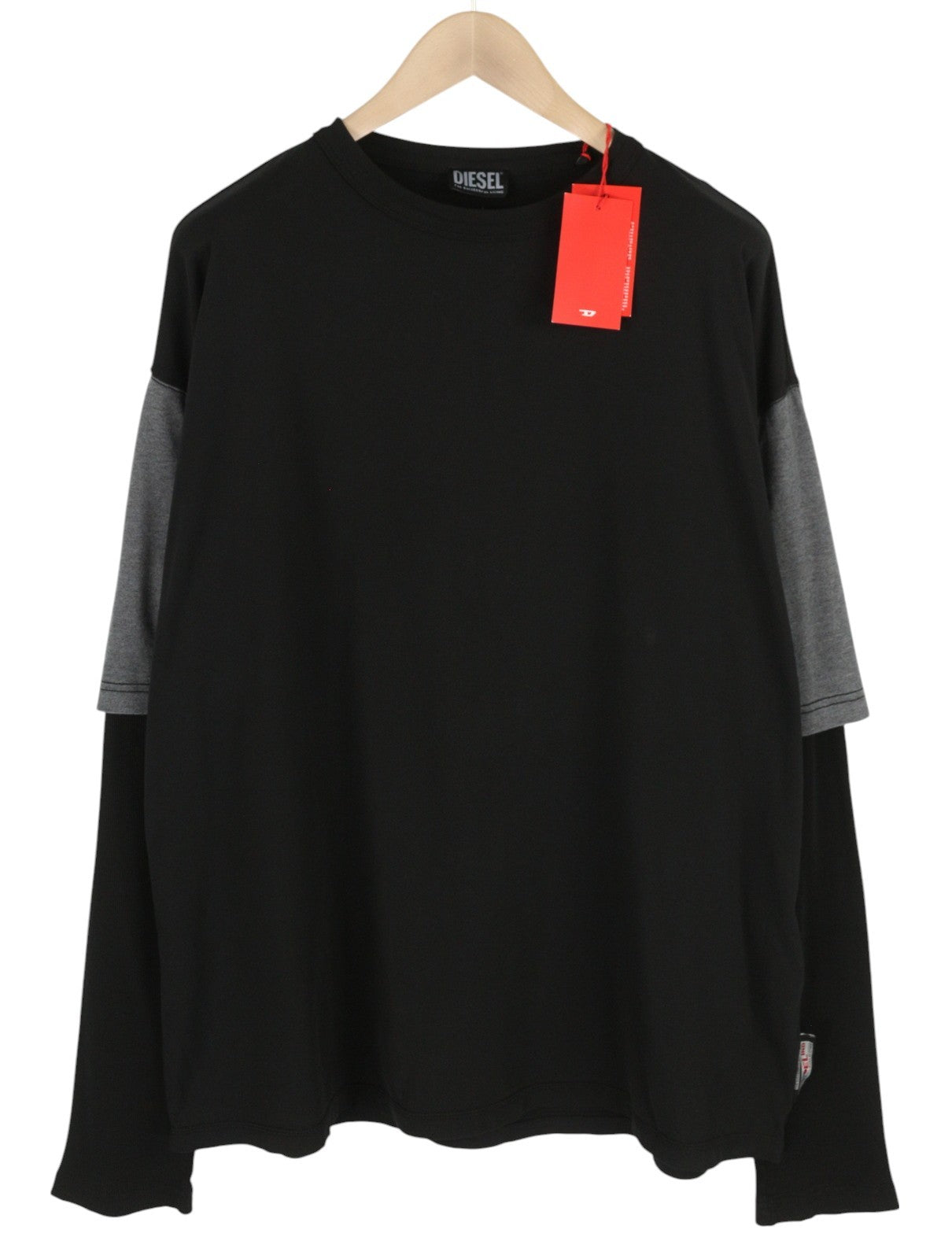 DIESEL T-Shula vyriški marškinėliai, juodi, ilgomis rankovėmis, apvalia apykakle, tamprūs trikotažiniai marškinėliai. 