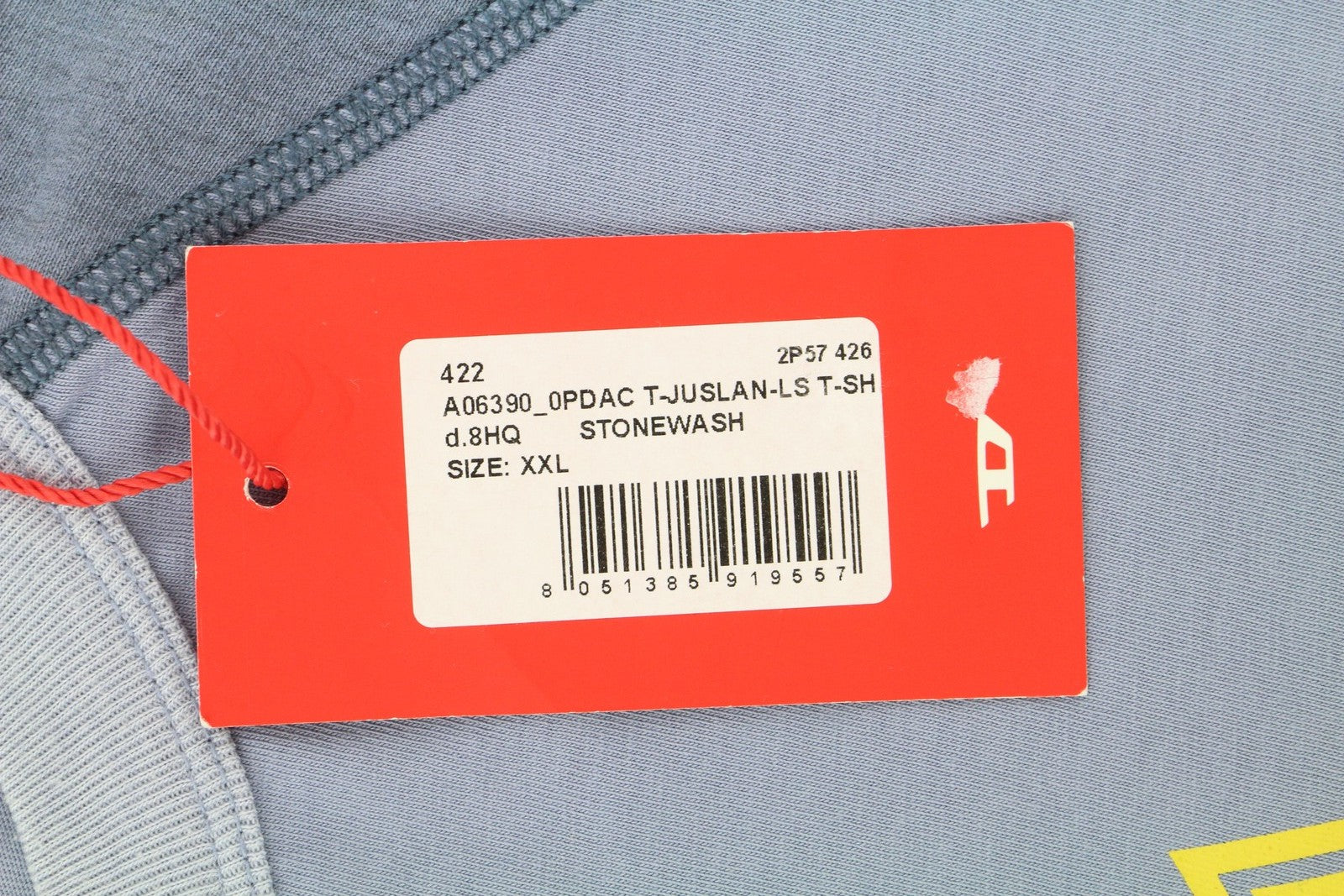 DIESEL T-Juslan-LS vyriški marškinėliai, 2XL, mėlyni, ilgomis rankovėmis, apvalios iškirptės, tamprūs trikotažiniai marškinėliai 