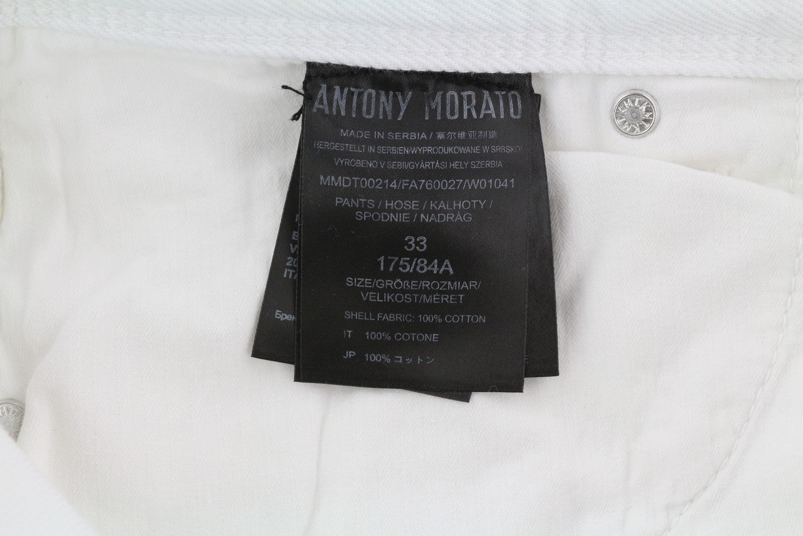 ANTONY MORATO Argon vyriški džinsai W33 balti, ploni iki kulkšnies, su sagomis ir logotipu. 