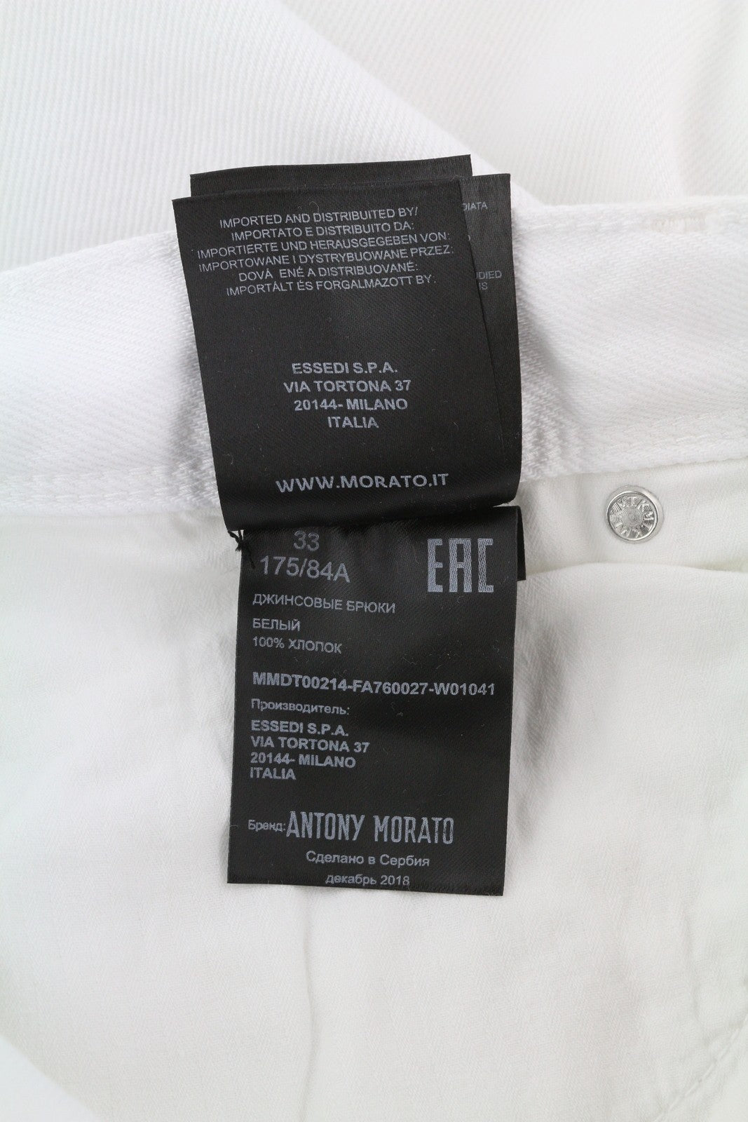 ANTONY MORATO Argon vyriški džinsai W33 balti, ploni iki kulkšnies, su sagomis ir logotipu. 