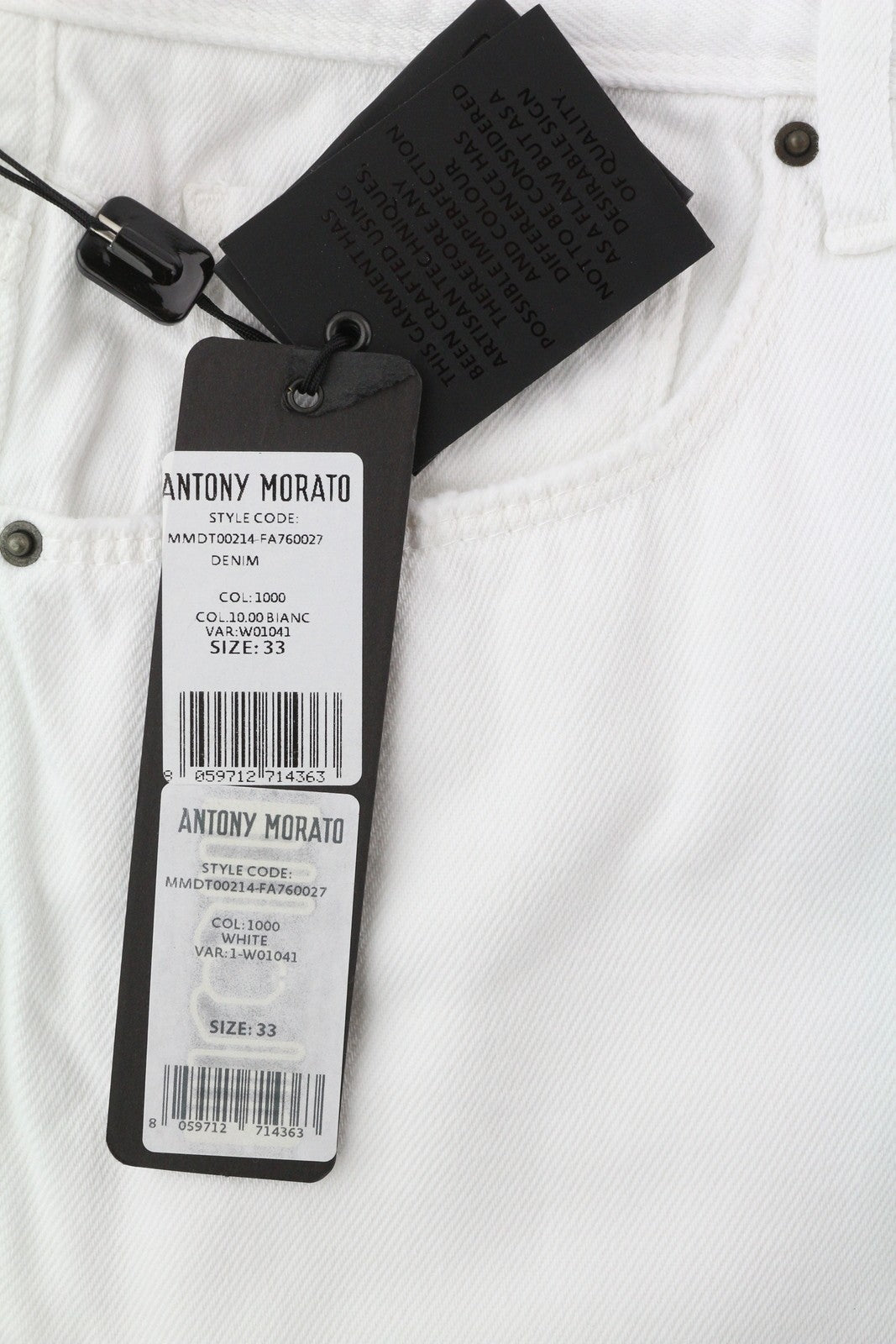 ANTONY MORATO Argon vyriški džinsai W33 balti, ploni iki kulkšnies, su sagomis ir logotipu. 