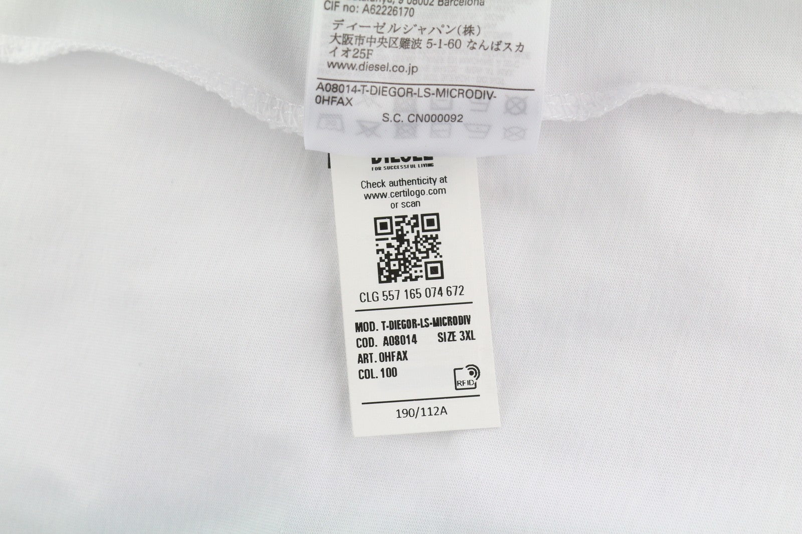 DIESEL T-Diegor-Ls-Microdiv vyriški marškinėliai su baltomis ilgomis rankovėmis, apvalia kaklo iškirpte, trikotažiniai 