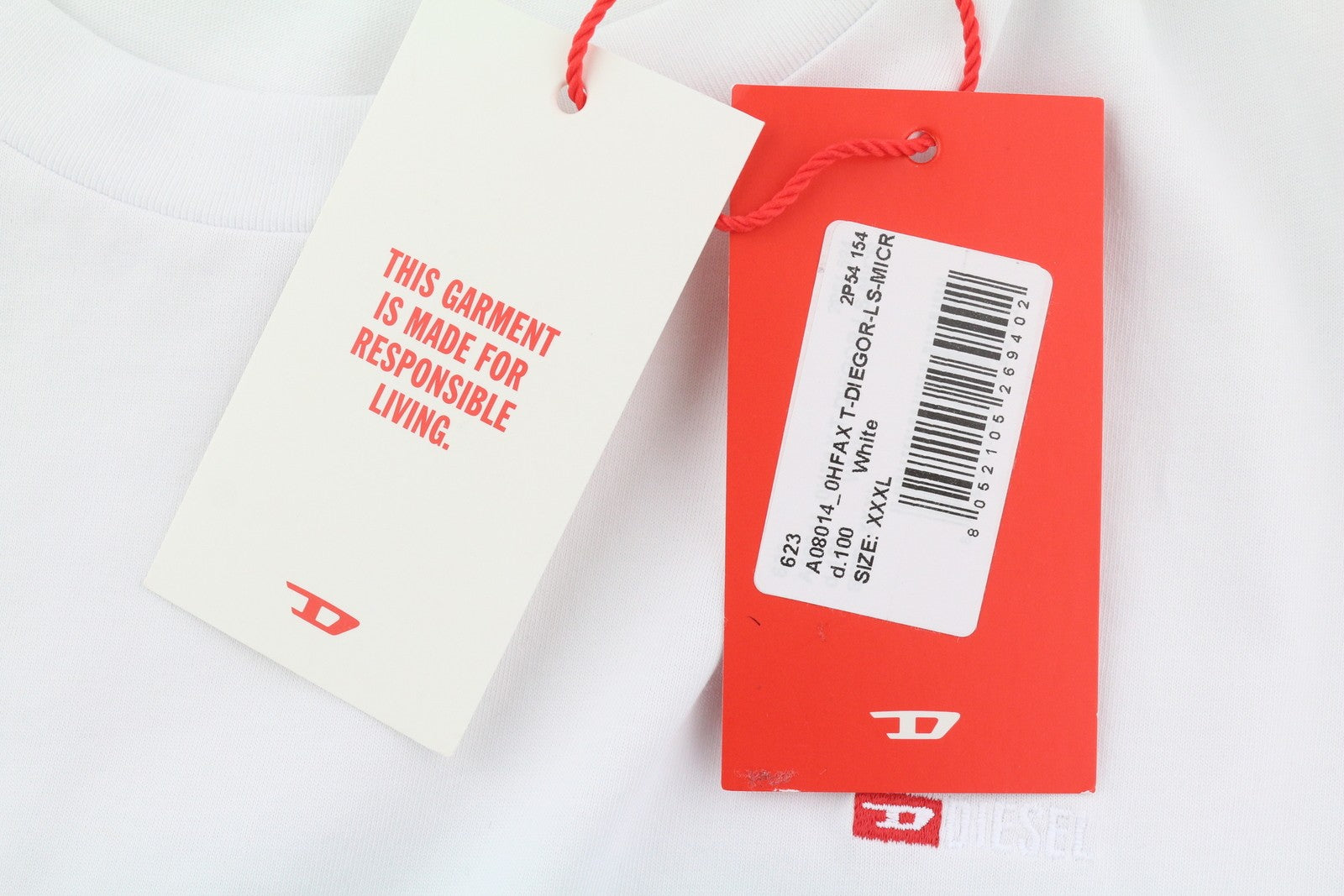 DIESEL T-Diegor-Ls-Microdiv vyriški marškinėliai su baltomis ilgomis rankovėmis, apvalia kaklo iškirpte, trikotažiniai 