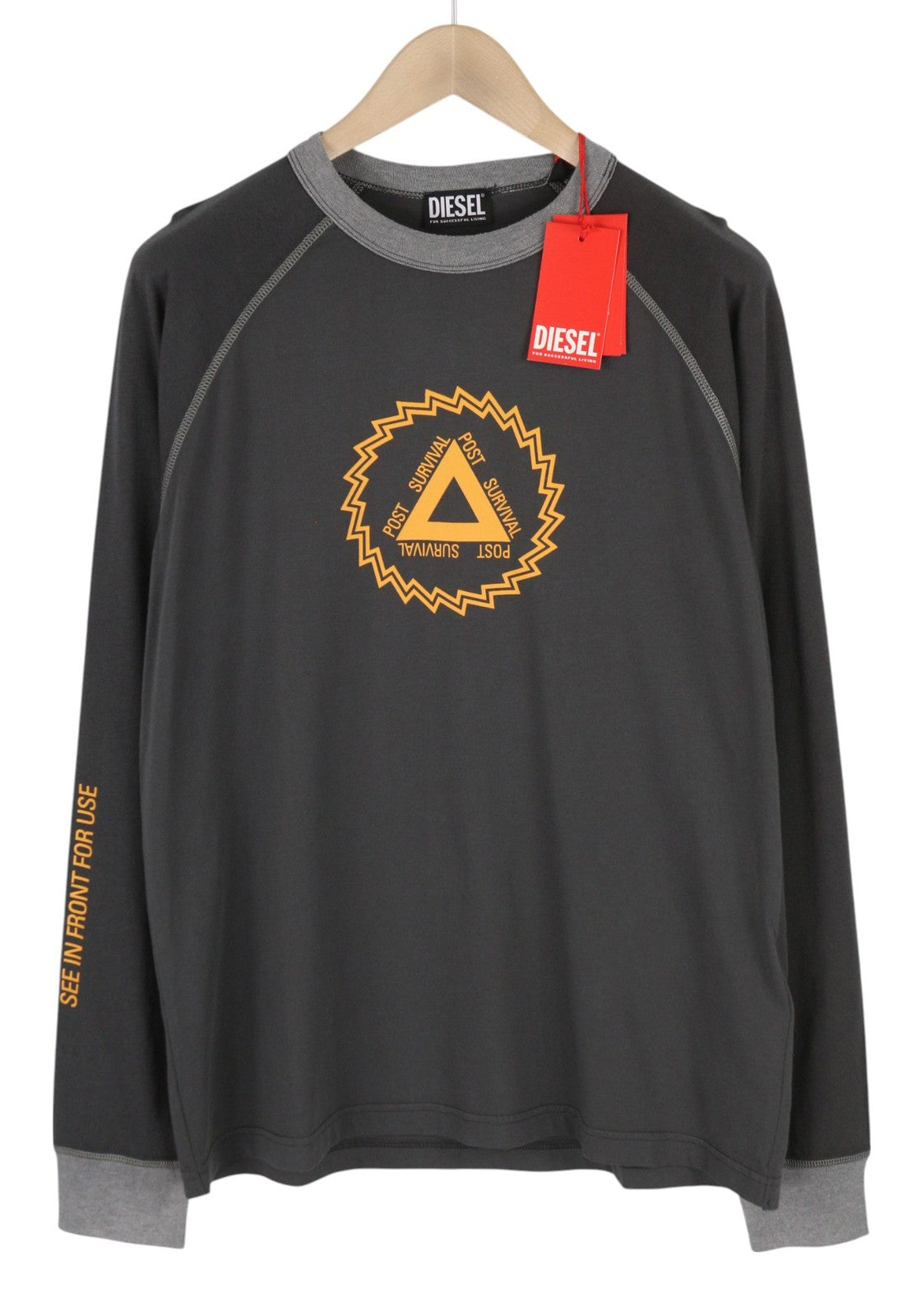 DIESEL T-Juslan-LS vyriški marškinėliai M pilki ilgomis rankovėmis apvalios apykaklės trikotažo tamprūs audinys 