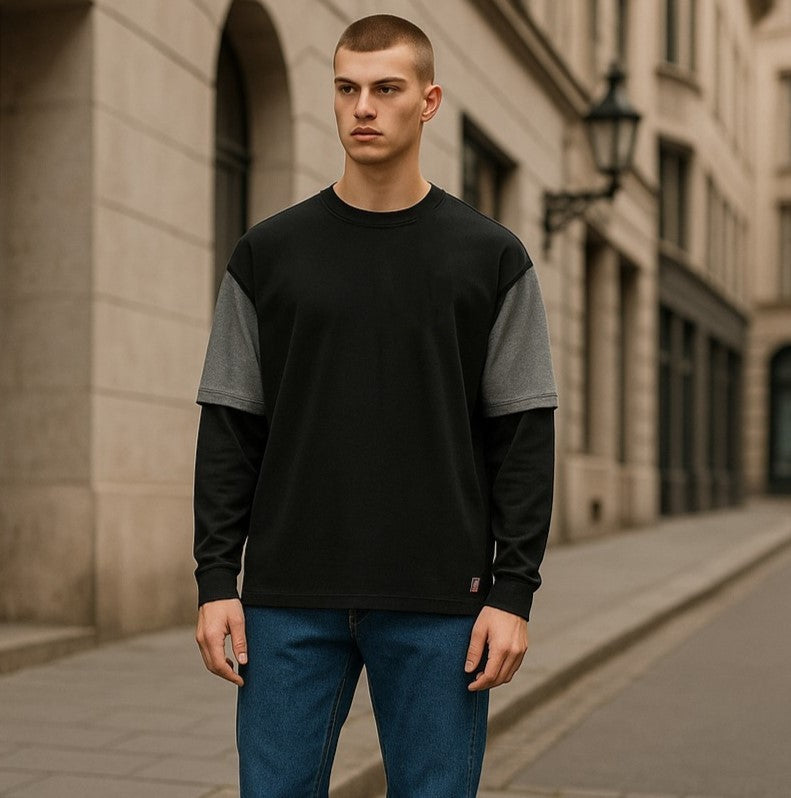 DIESEL T-Shula vyriški marškinėliai, juodi, ilgomis rankovėmis, apvalios iškirptės logotipu, tamprūs trikotažiniai marškinėliai. 