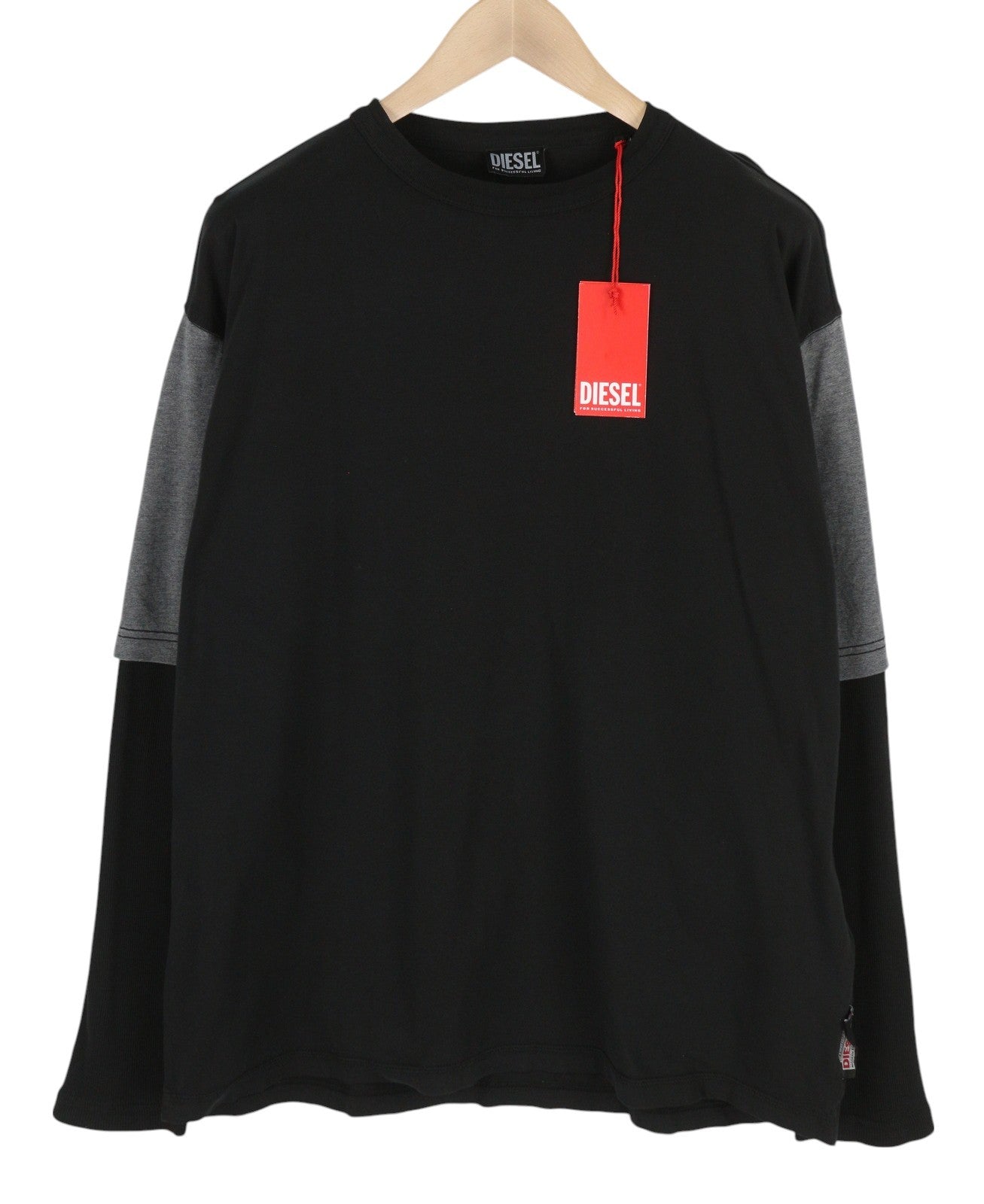 DIESEL T-Shula vyriški marškinėliai, juodi, ilgomis rankovėmis, apvalios iškirptės logotipu, tamprūs trikotažiniai marškinėliai. 