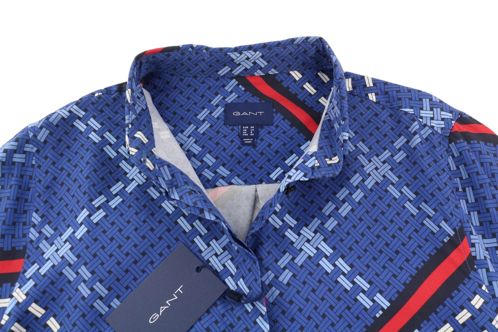 GANT Signature Weave moteriški marškinėliai, EU38, mėlyni, raštuoti, sagomis užsegami, išskleisto atlaso imitacijos marškinėliai 