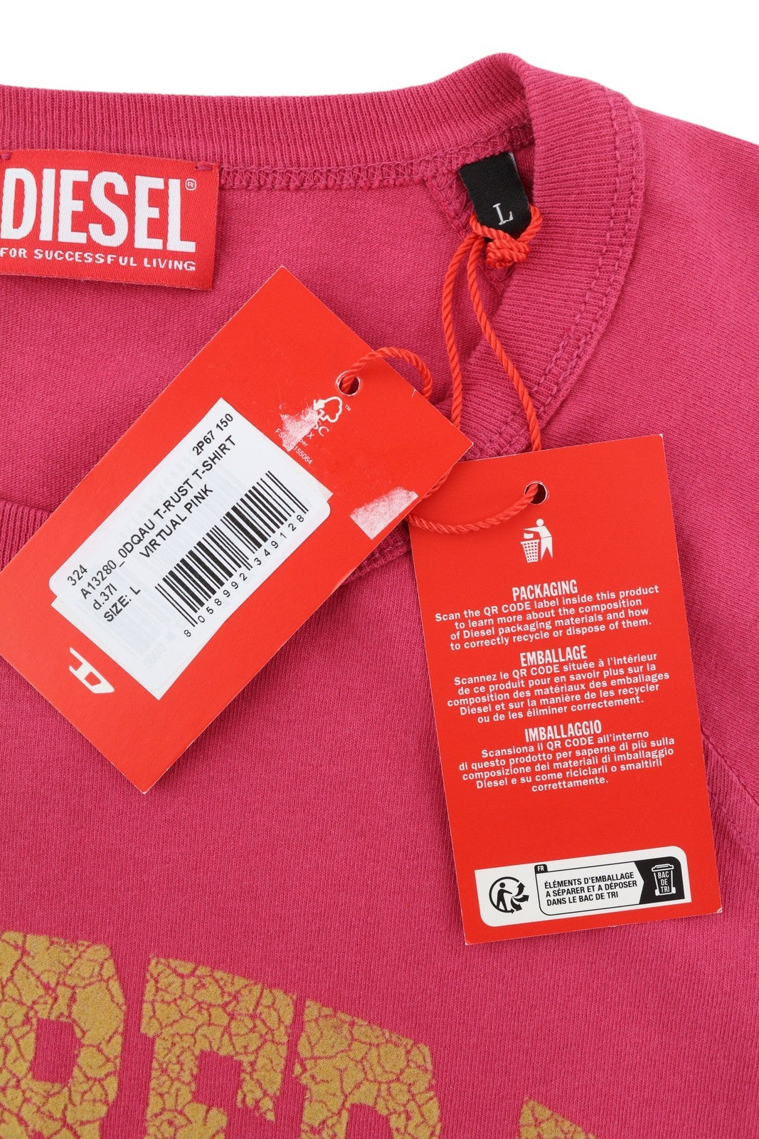 DIESEL T-Rust vyriški marškinėliai su trumpomis rankovėmis, L dydžio, rožiniai, su apvalia apykakle ir logotipu, tamprūs trikotažiniai marškinėliai.