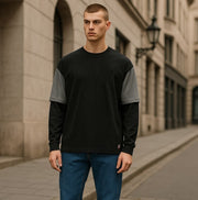 DIESEL T-Shula vyriški marškinėliai M, juodi ilgomis rankovėmis, apvalios iškirptės logotipu, tamprūs trikotažiniai marškinėliai 