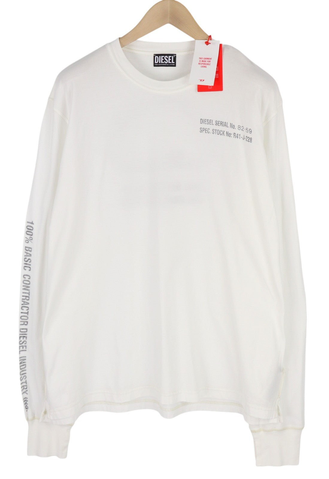 DIESEL T-Jubind-LS-Slits vyriški marškinėliai su ilgomis rankovėmis, apvalia kaklo iškirpte, balti 