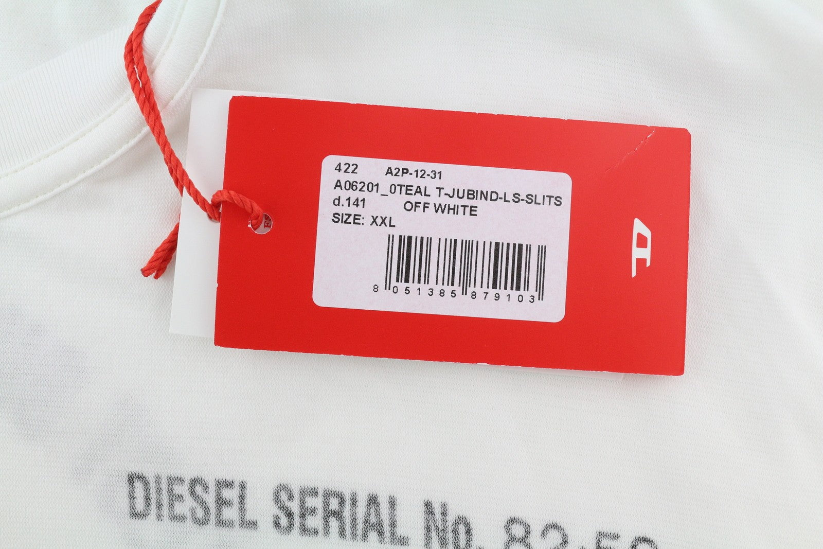 DIESEL T-Jubind-LS-Slits vyriški marškinėliai su ilgomis rankovėmis, apvalia kaklo iškirpte, balti 