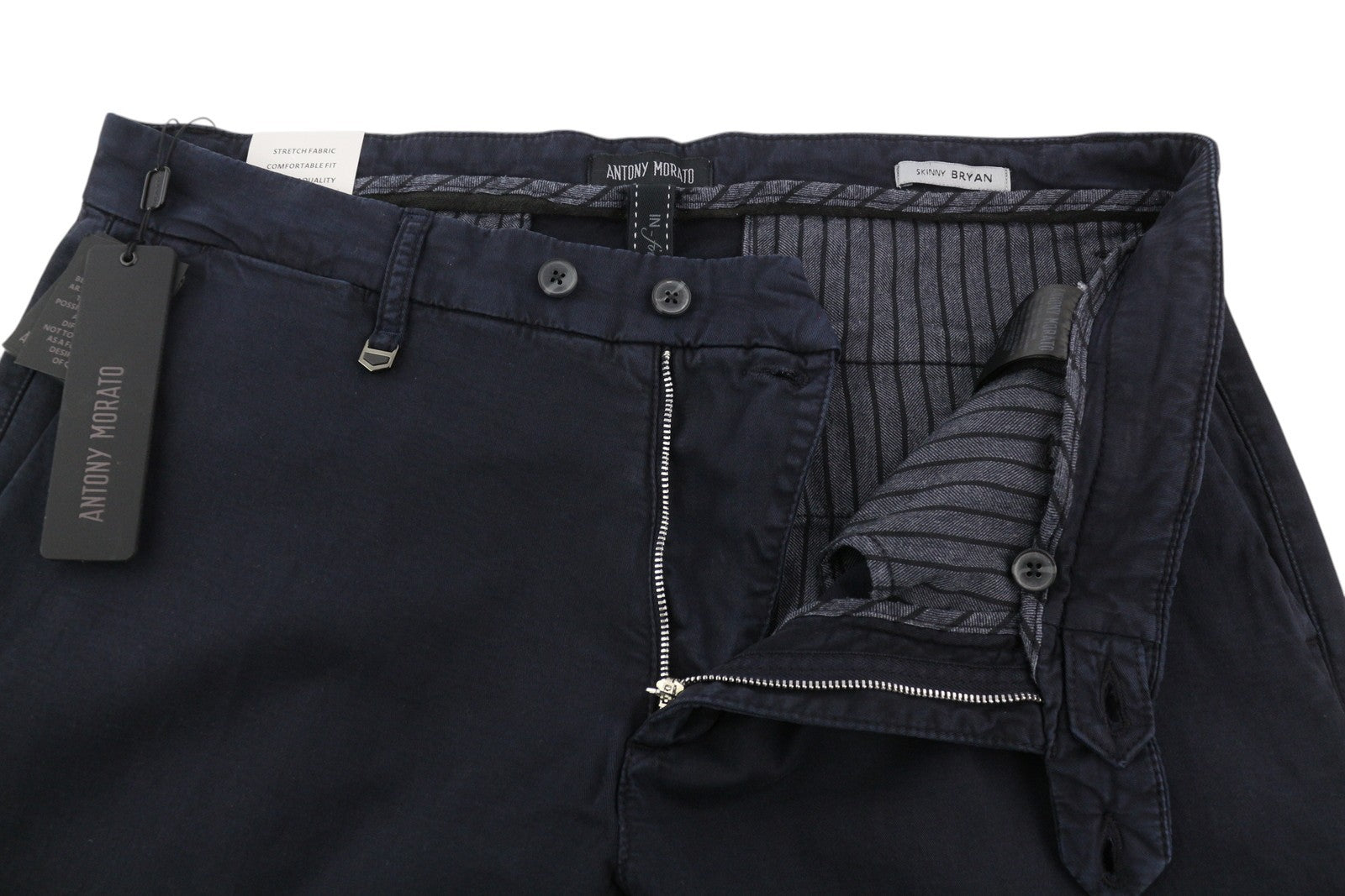 ANTONY MORATO Bryan vyriškos kelnės W40 tamsiai mėlynos, aptemptos, tamprios, chino spalvos su užtrauktuku.