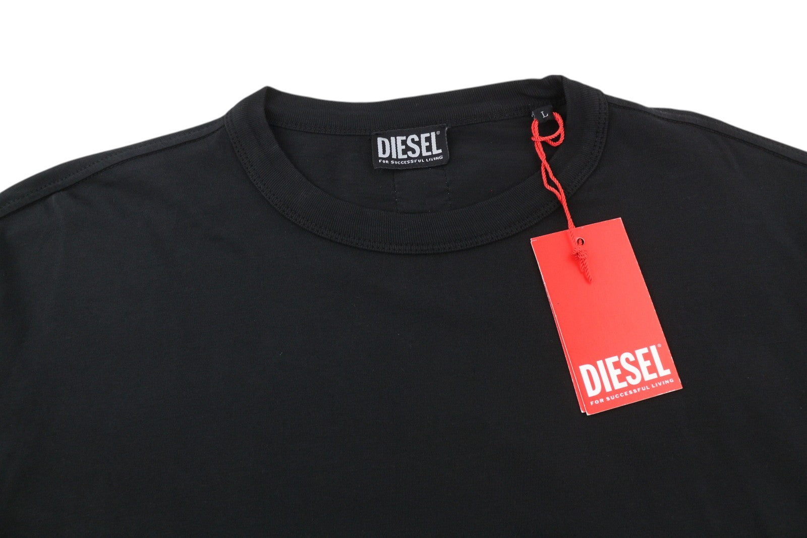 DIESEL T-Shula vyriški marškinėliai L dydžio, juodi, ilgomis rankovėmis, apvalios iškirptės logotipu, tamprūs trikotažiniai marškinėliai 