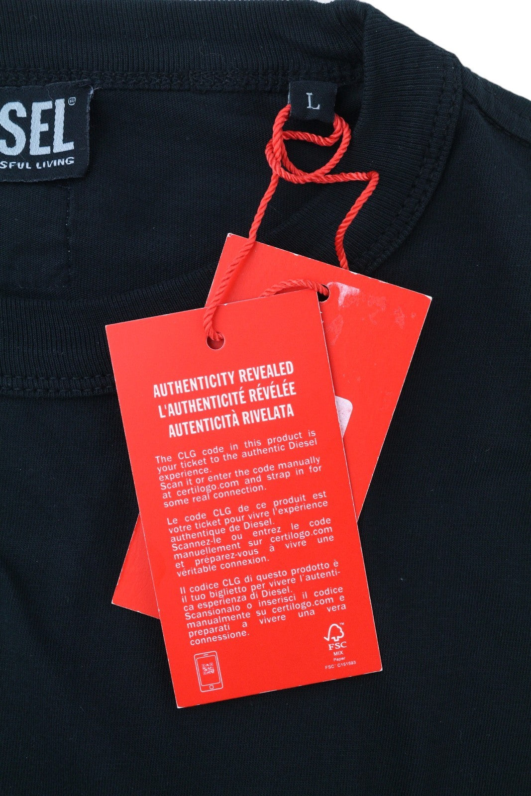DIESEL T-Shula vyriški marškinėliai L dydžio, juodi, ilgomis rankovėmis, apvalios iškirptės logotipu, tamprūs trikotažiniai marškinėliai 