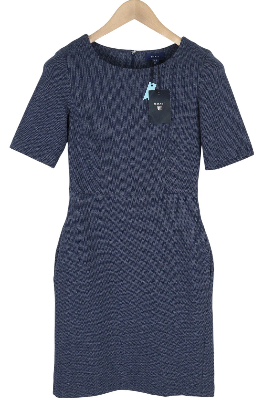 GANT „Herringbone“ džersio moteriška suknelė, 38 dydžio, mėlyna, apvali iškirptė, trumpomis rankovėmis, iki kelių. 