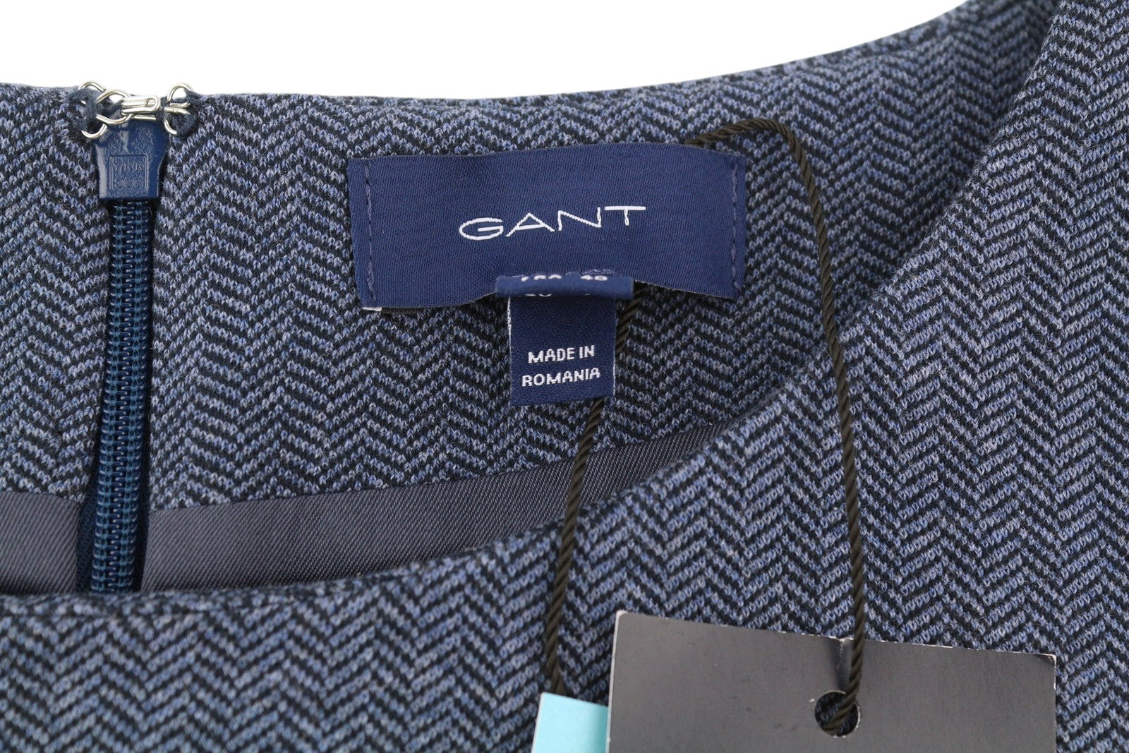 GANT „Herringbone“ džersio moteriška suknelė, 38 dydžio, mėlyna, apvali iškirptė, trumpomis rankovėmis, iki kelių. 