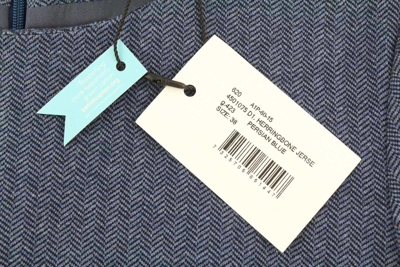 GANT „Herringbone“ džersio moteriška suknelė, 38 dydžio, mėlyna, apvali iškirptė, trumpomis rankovėmis, iki kelių. 