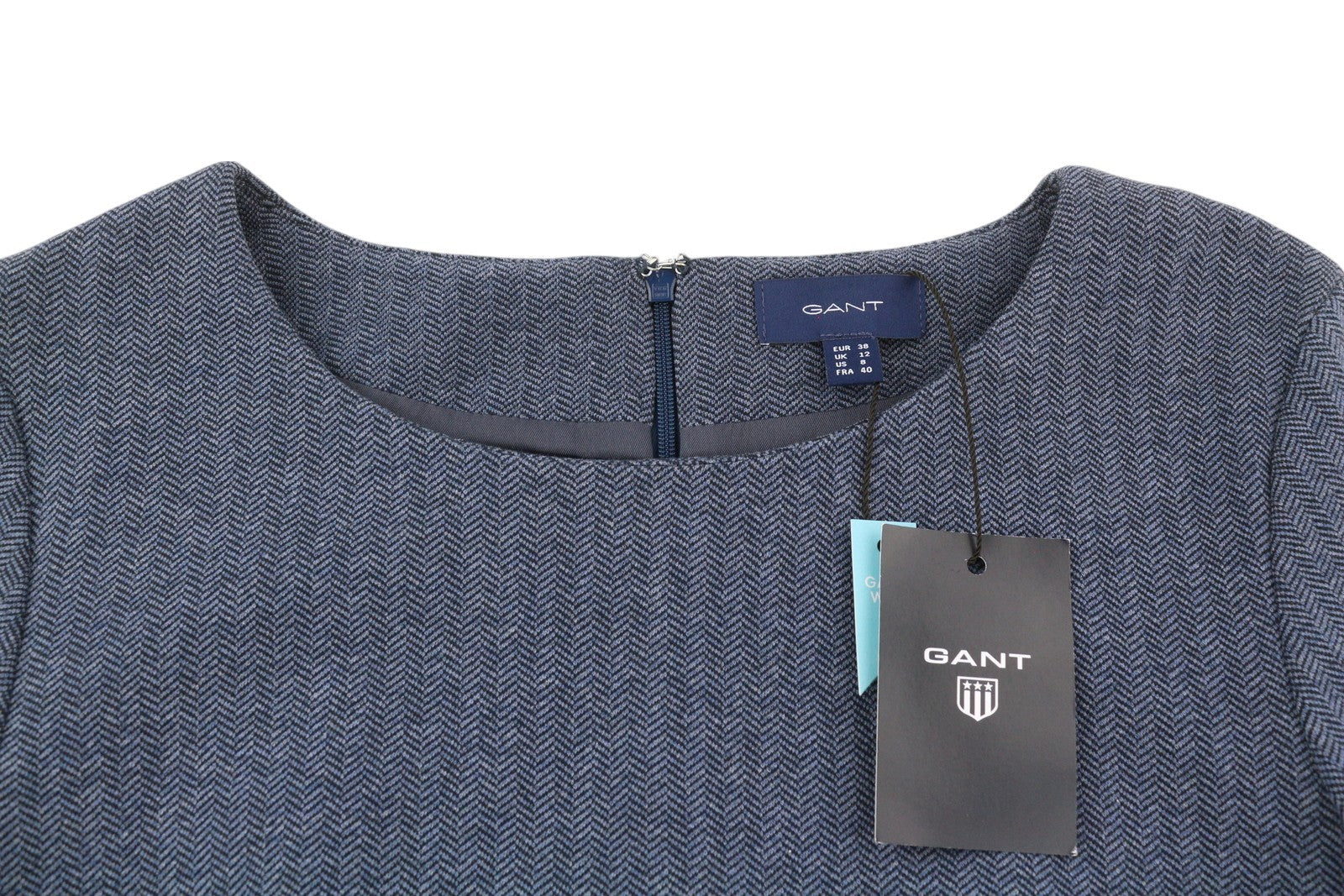 GANT „Herringbone“ džersio moteriška suknelė, 38 dydžio, mėlyna, apvali iškirptė, trumpomis rankovėmis, iki kelių. 