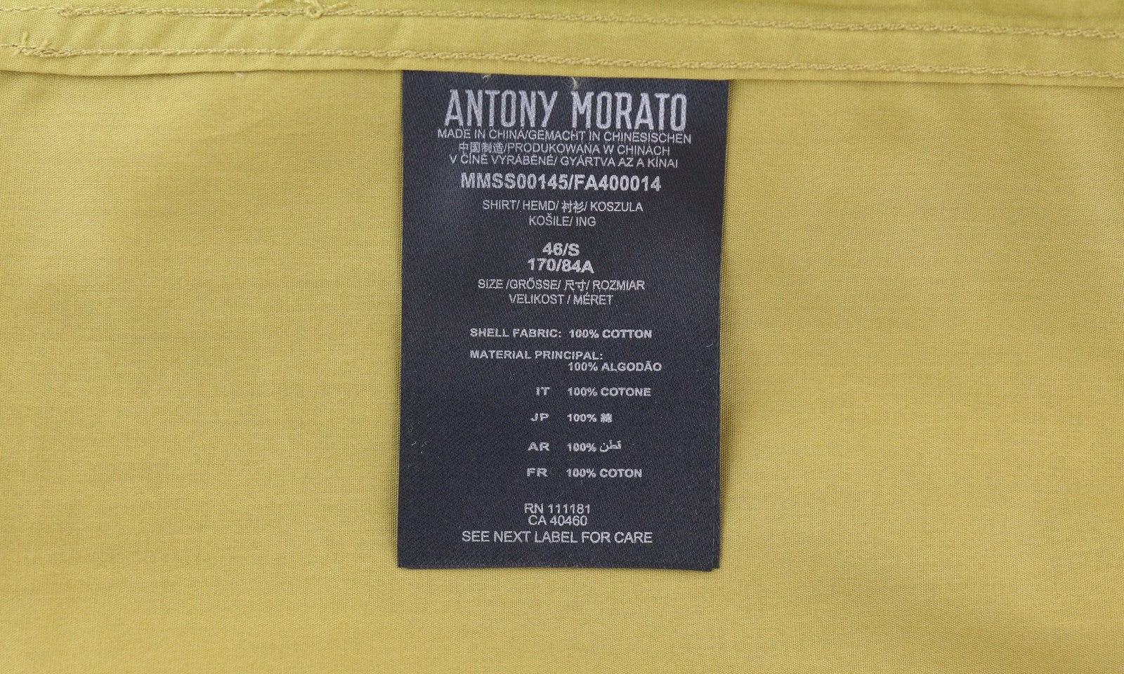 ANTONY MORATO vyriški marškiniai S, garstyčių spalvos, su sagomis žemyn apykakle, kišenėmis ant užtiestų kraštų, trumpomis rankovėmis. 