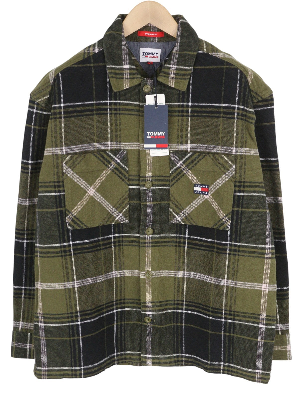 TOMMY HILFIGER vyriški marškinėliai su šukuotais languotais 2XL dydžio marškinėliai su flaneliniais, storais mygtukais, žali. 