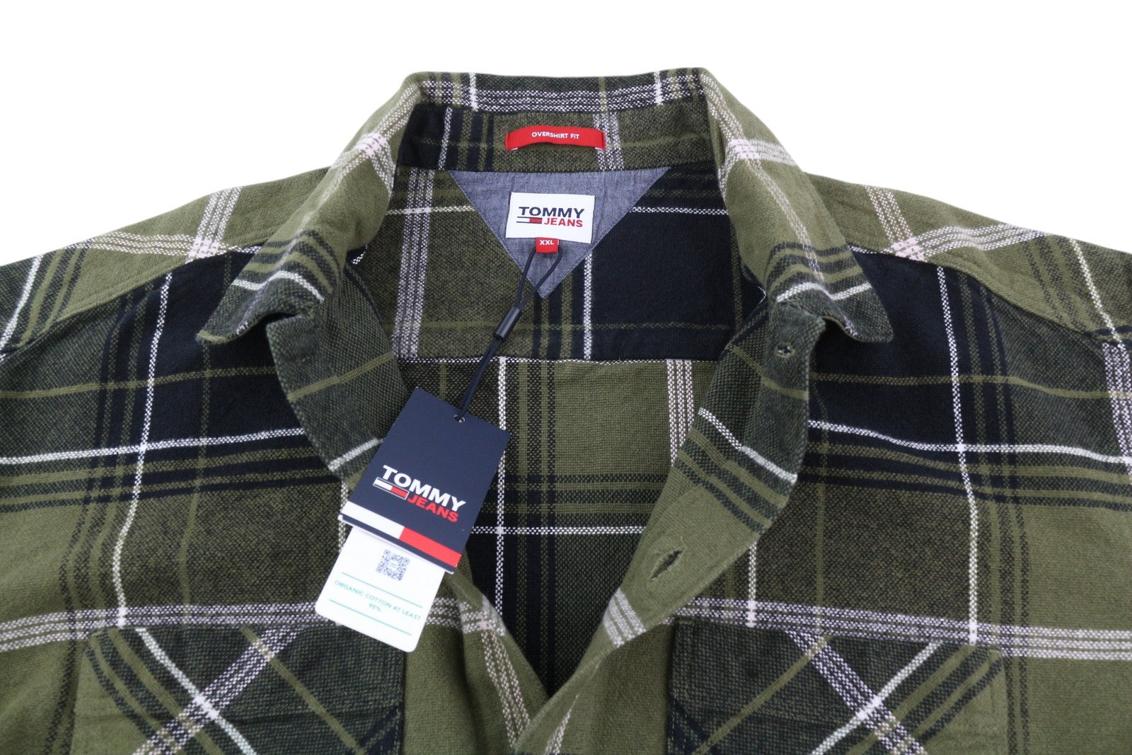 TOMMY HILFIGER vyriški marškinėliai su šukuotais languotais 2XL dydžio marškinėliai su flaneliniais, storais mygtukais, žali. 