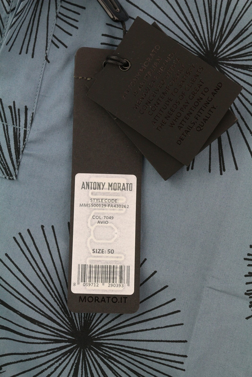 ANTONY MORATO vyriški marškiniai L dydžio, mėlyni, raštuoti, plataus kaklo, trumpomis rankovėmis, sagomis užsegami.