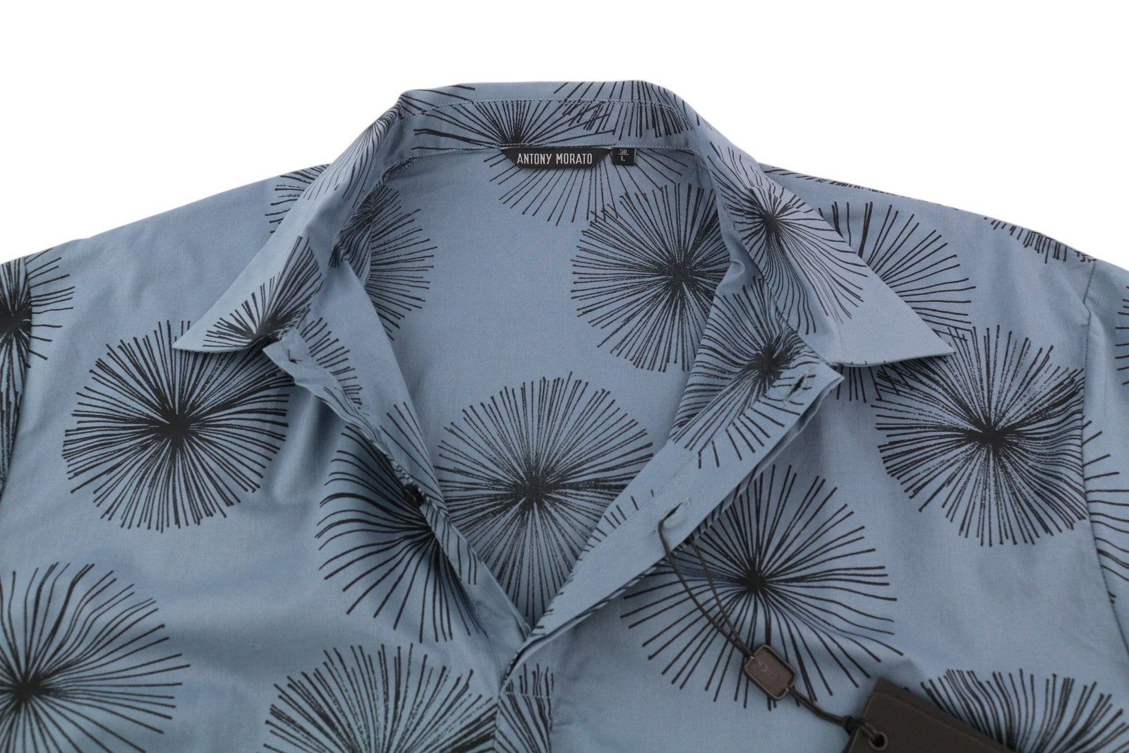 ANTONY MORATO vyriški marškiniai L dydžio, mėlyni, raštuoti, plataus kaklo, trumpomis rankovėmis, sagomis užsegami.