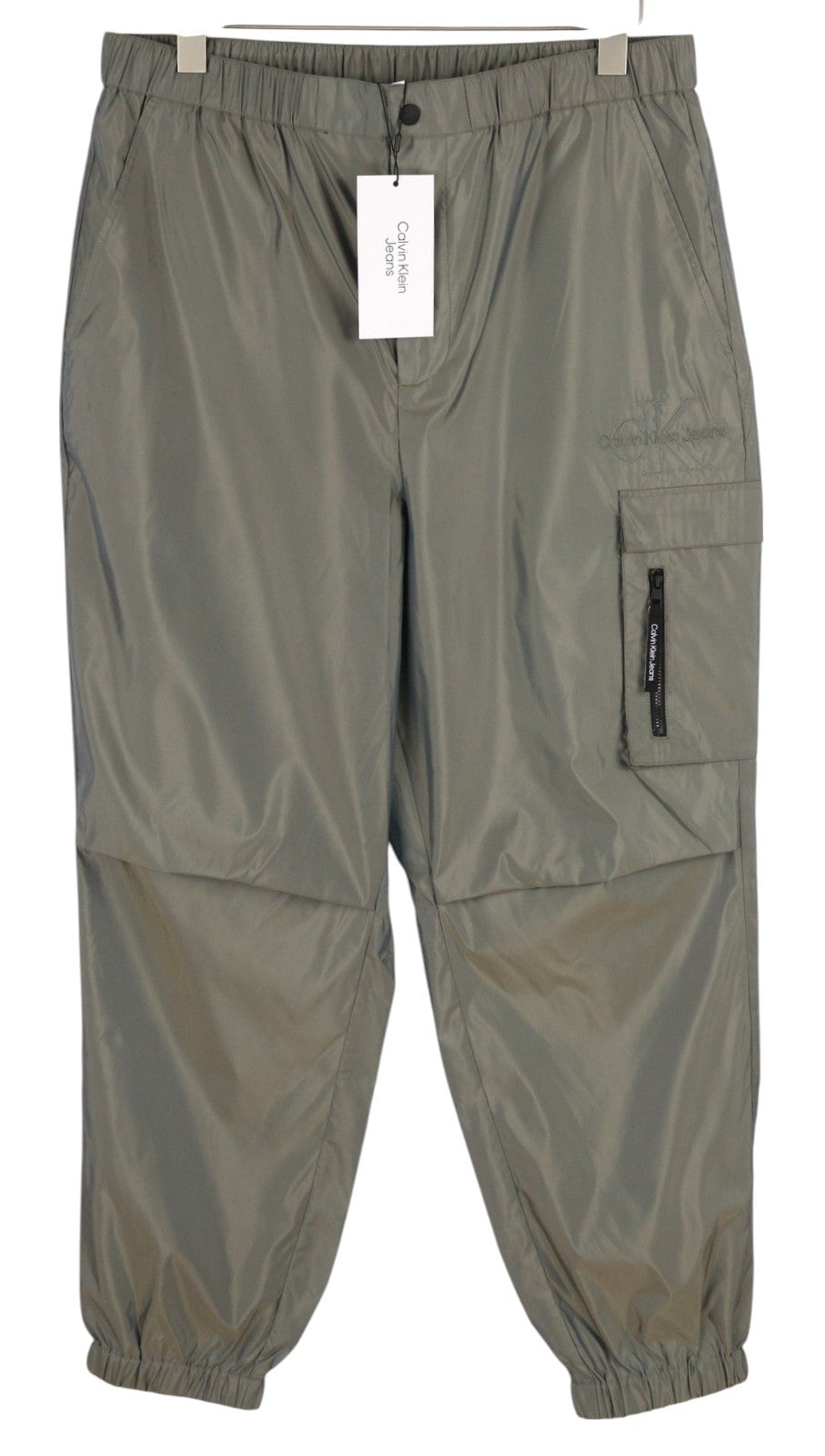 CALVIN KLEIN vyriškos kelnės XL dydžio, pilkos, elastingo juosmens, blizgaus stiliaus, plonos, su užtrauktuku, krovininės. 