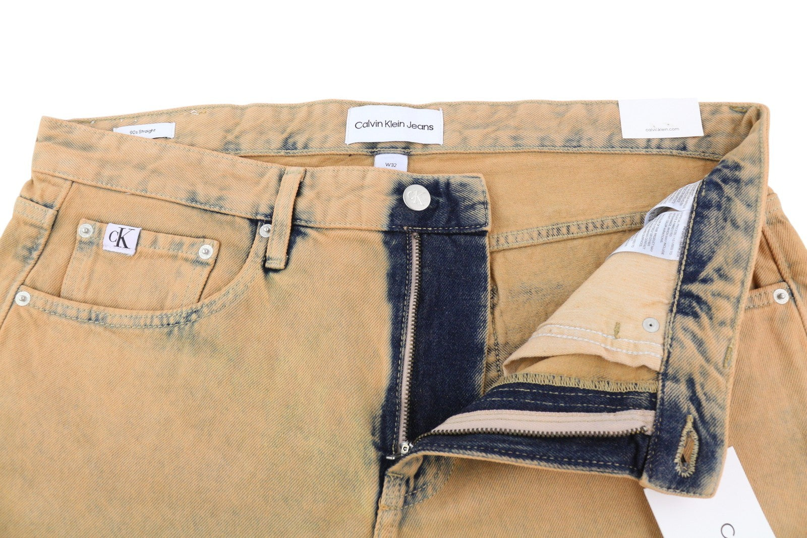 CALVIN KLEIN 90-ųjų tiesūs vyriški džinsai W32 išblukintos rudos spalvos su užtrauktuku ir logotipu, rekomenduojama kaina – 119 € 