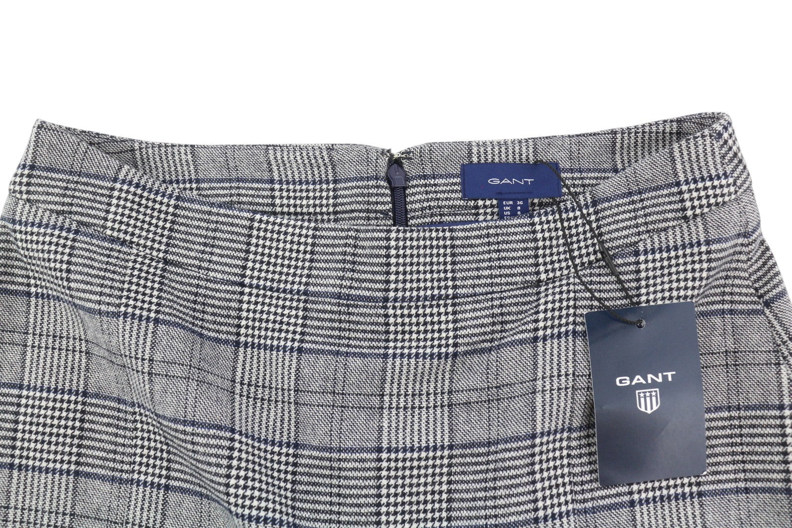 GANT languotas platėjančios formos moteriškas sijonas, mėlynas, su užtrauktuku, vilnos mišinio languotas sijonas, iki kelių, 36 € 