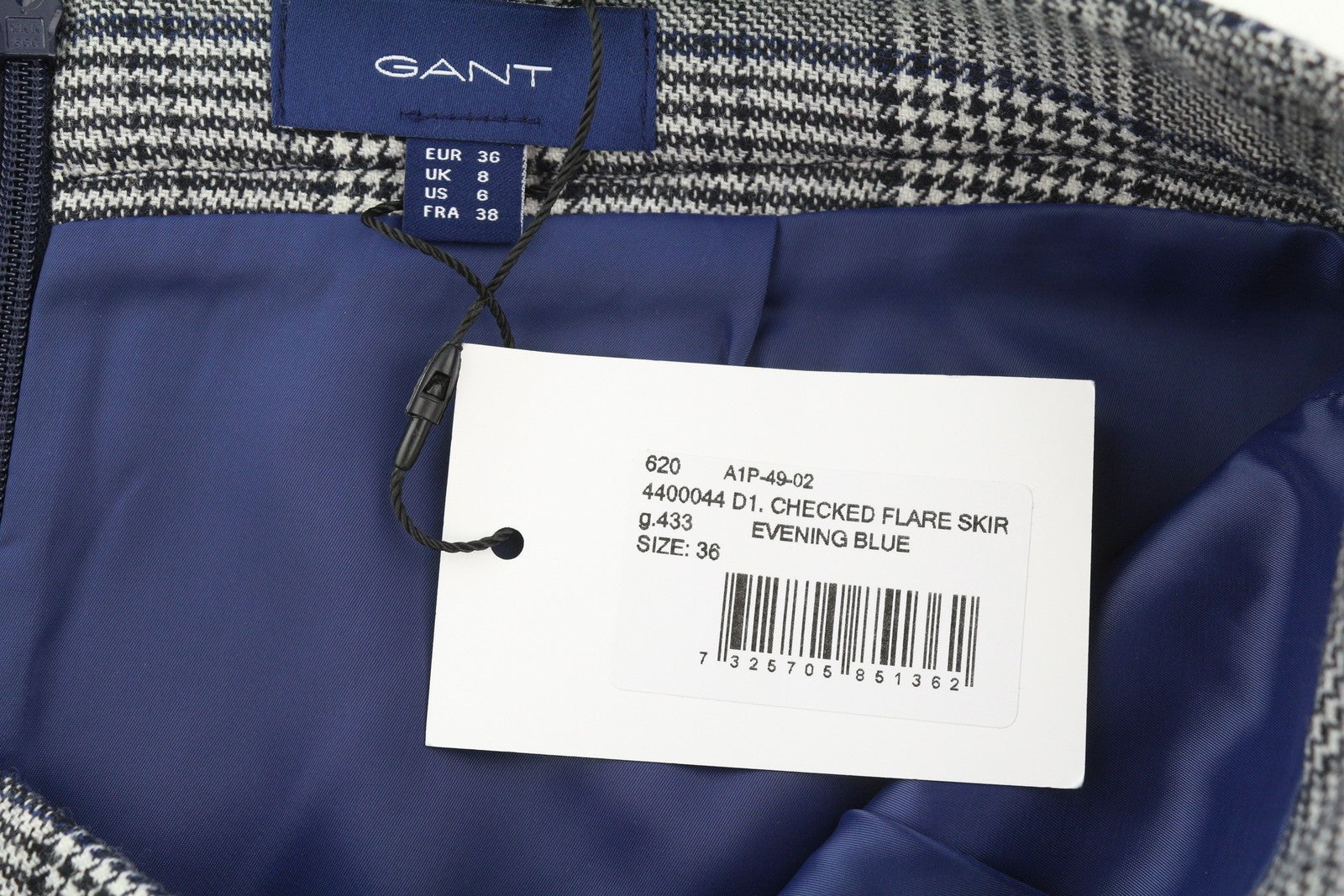 GANT languotas platėjančios formos moteriškas sijonas, mėlynas, su užtrauktuku, vilnos mišinio languotas sijonas, iki kelių, 36 € 