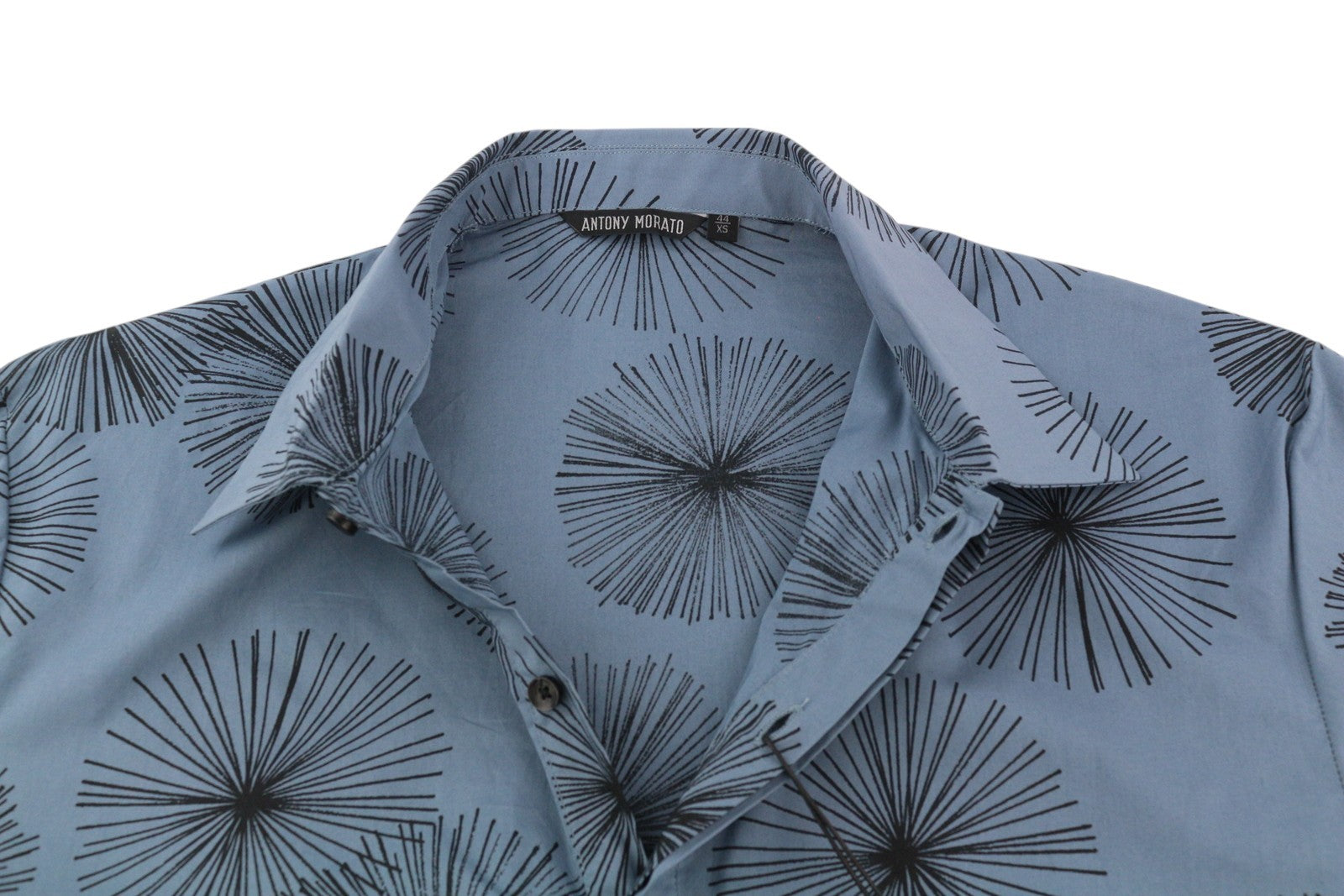 ANTONY MORATO vyriški marškiniai XS, mėlyni, raštuoti, plataus kaklo, trumpomis rankovėmis, sagomis užsegami.