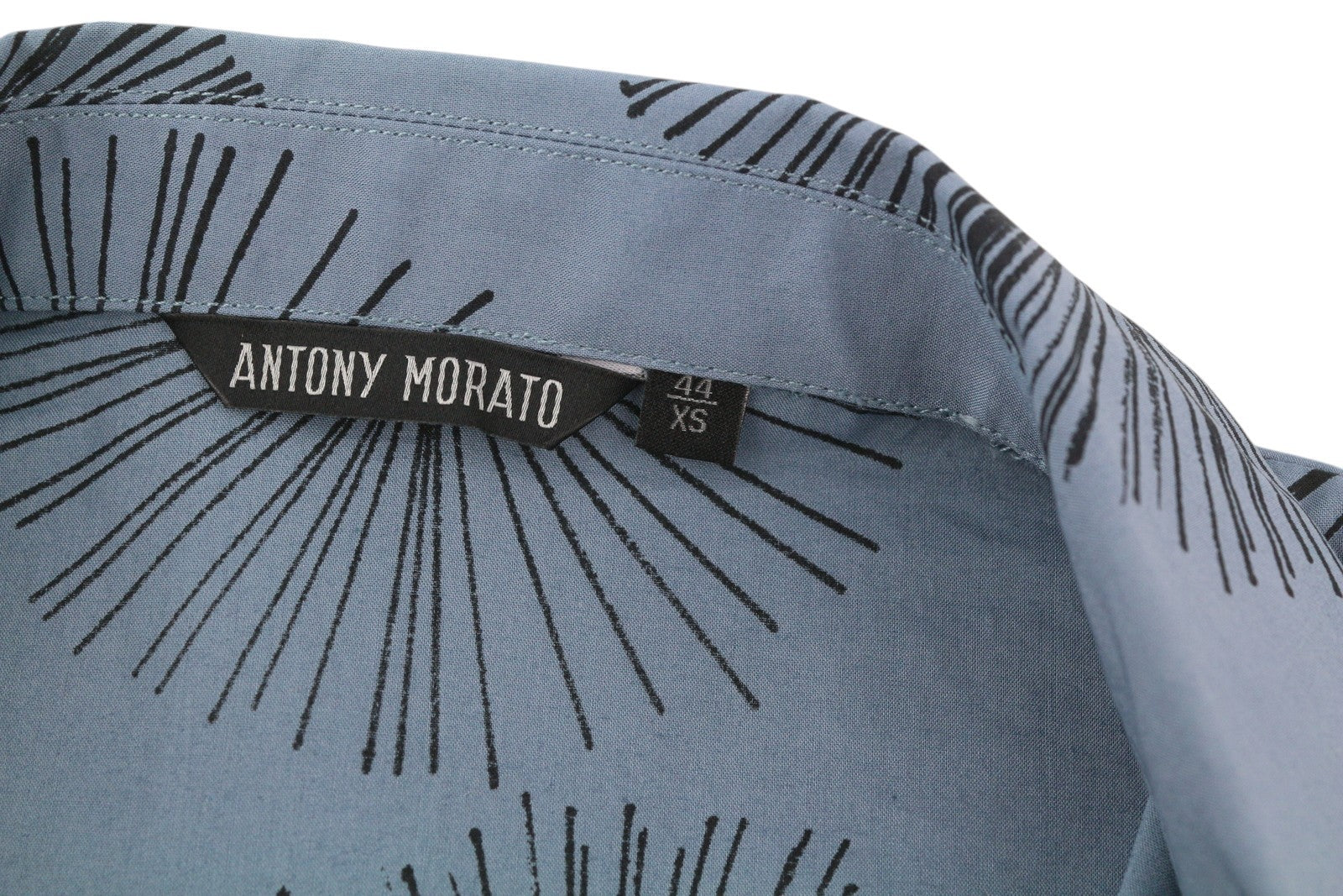 ANTONY MORATO vyriški marškiniai XS, mėlyni, raštuoti, plataus kaklo, trumpomis rankovėmis, sagomis užsegami.