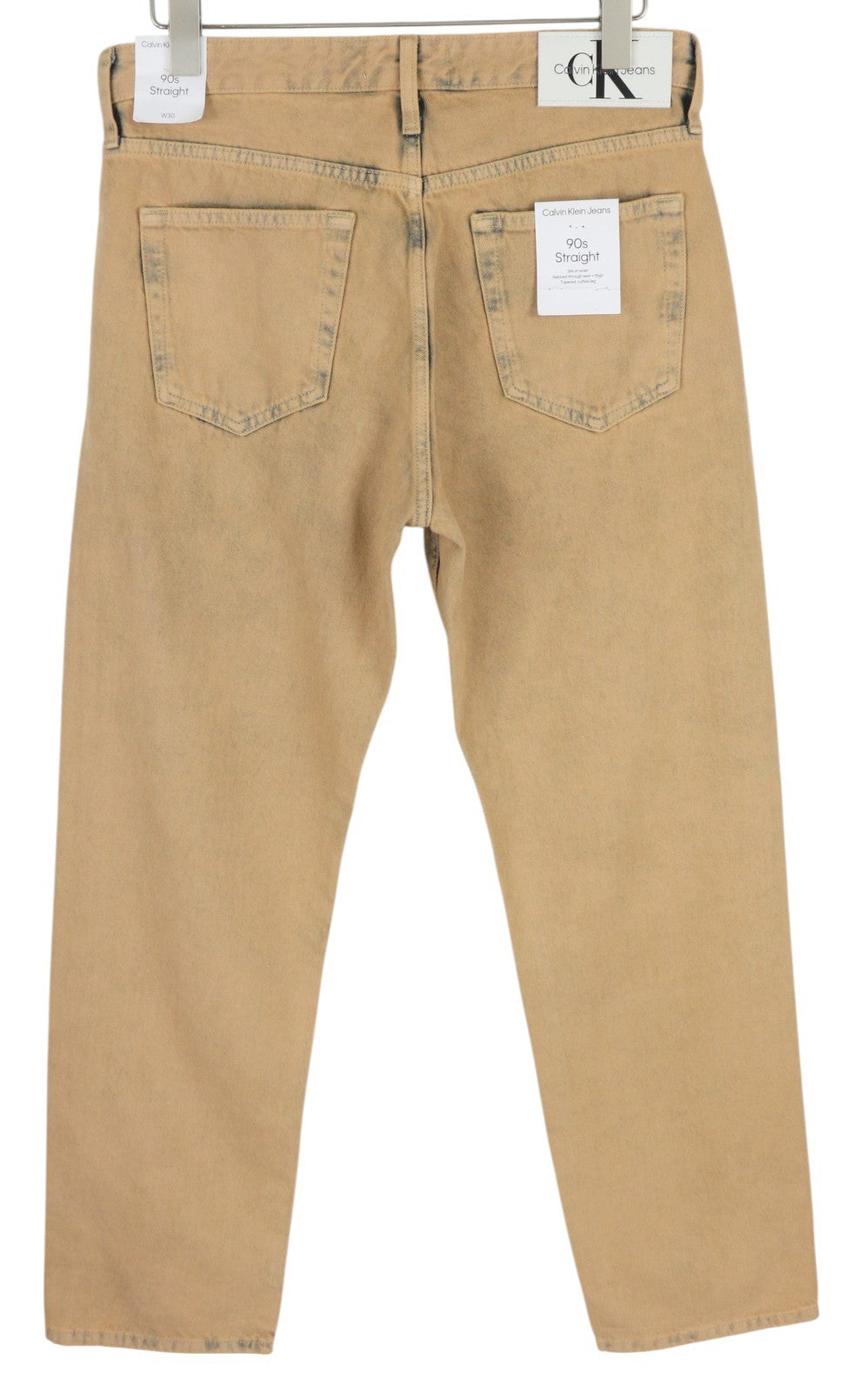 CALVIN KLEIN 90-ųjų tiesūs vyriški džinsai W30 išblukintos rudos spalvos su užtrauktuku ir logotipu, rekomenduojama kaina – 119 € 