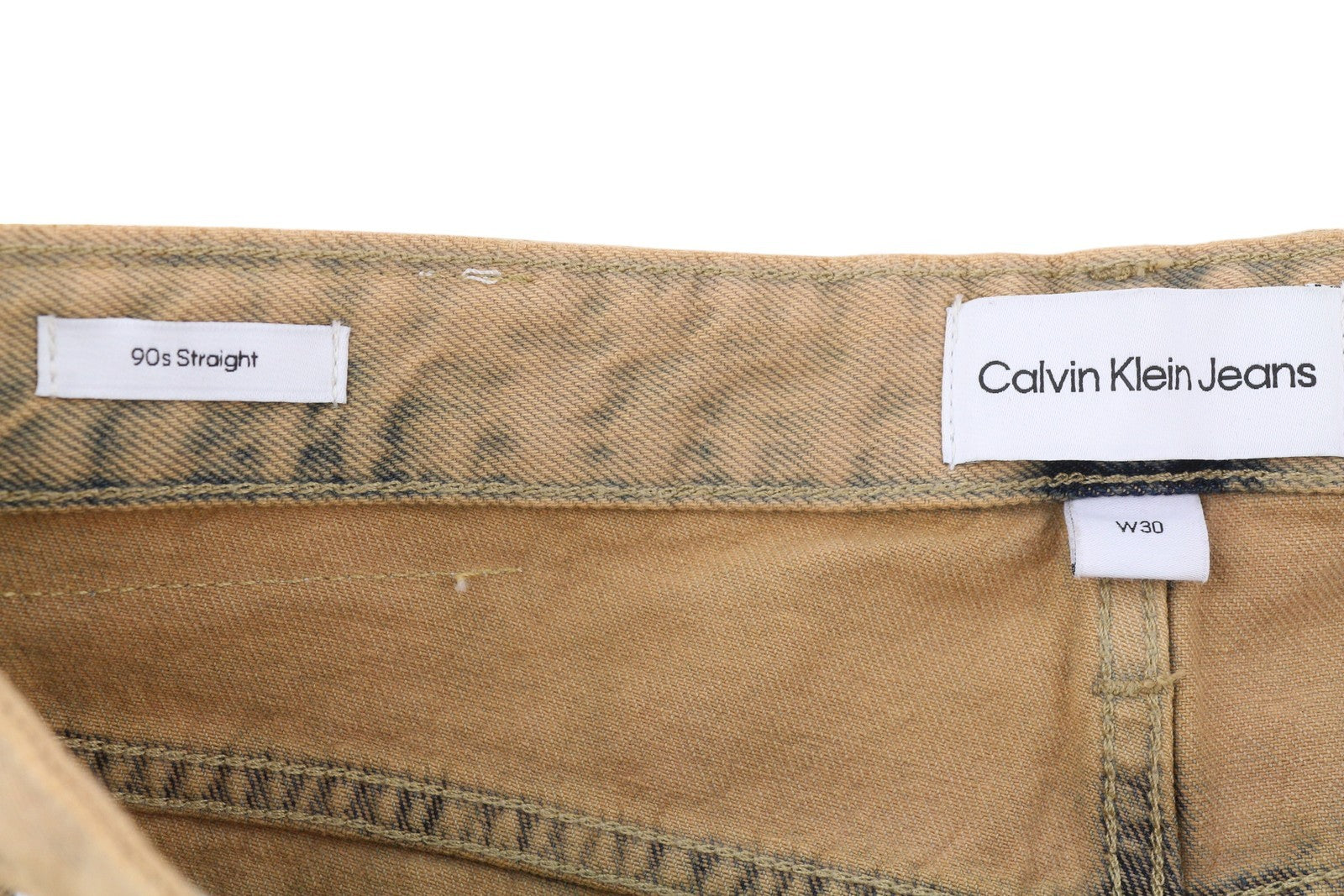 CALVIN KLEIN 90-ųjų tiesūs vyriški džinsai W30 išblukintos rudos spalvos su užtrauktuku ir logotipu, rekomenduojama kaina – 119 € 