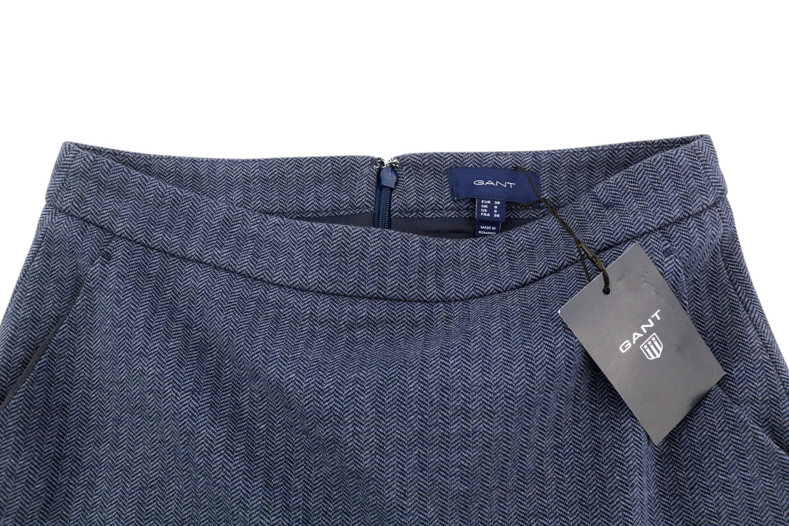 GANT moteriškas sijonas, 36 dydžio, mėlynas, su eglutės raštu, užtrauktuku, su pamušalu kišenėse, su logotipu, pieštuku.