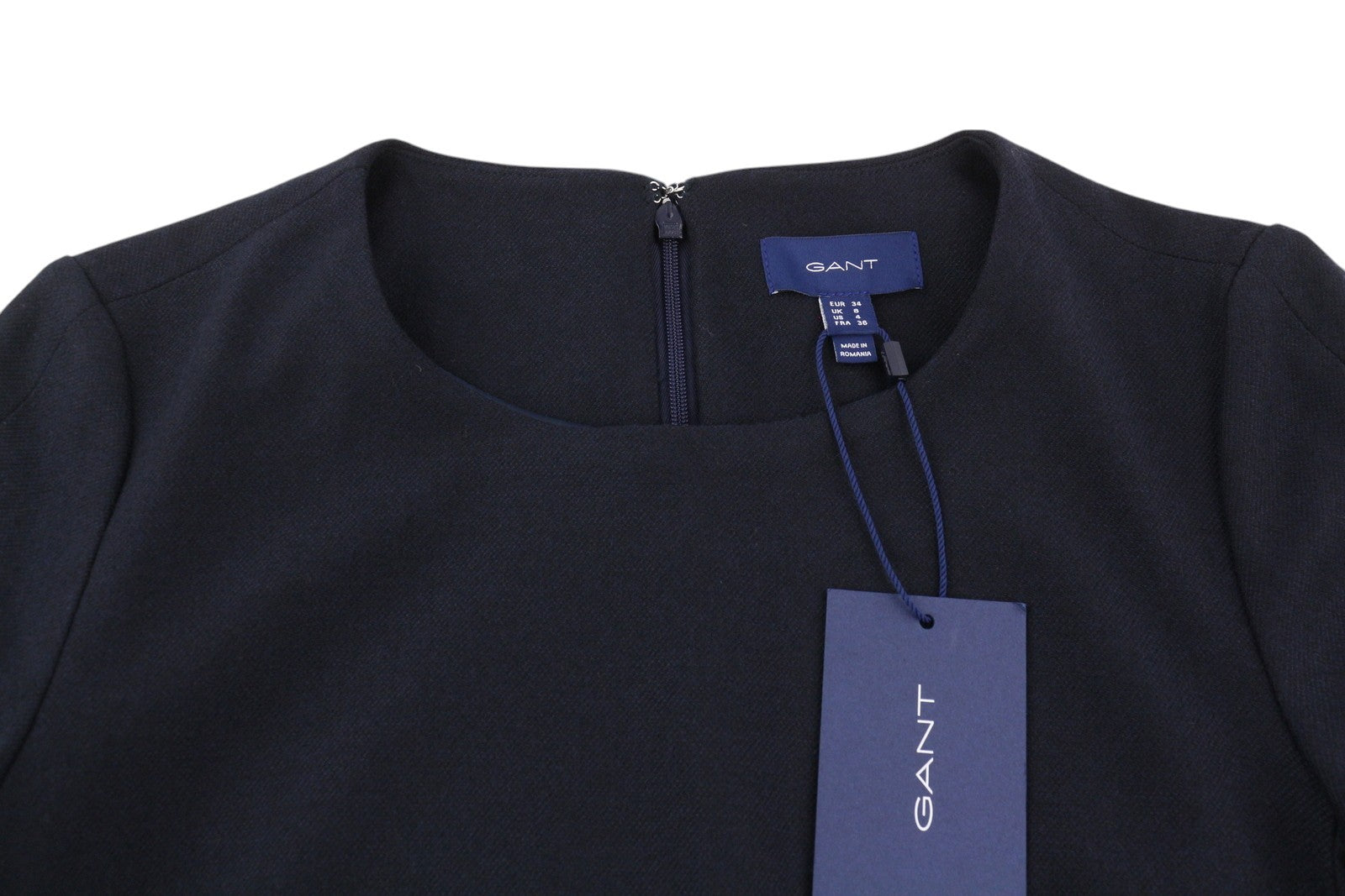 GANT skalbiama vilnonė A formos moteriška suknelė, tamsiai mėlyna, 3/4 rankovėmis, iki kelių. 