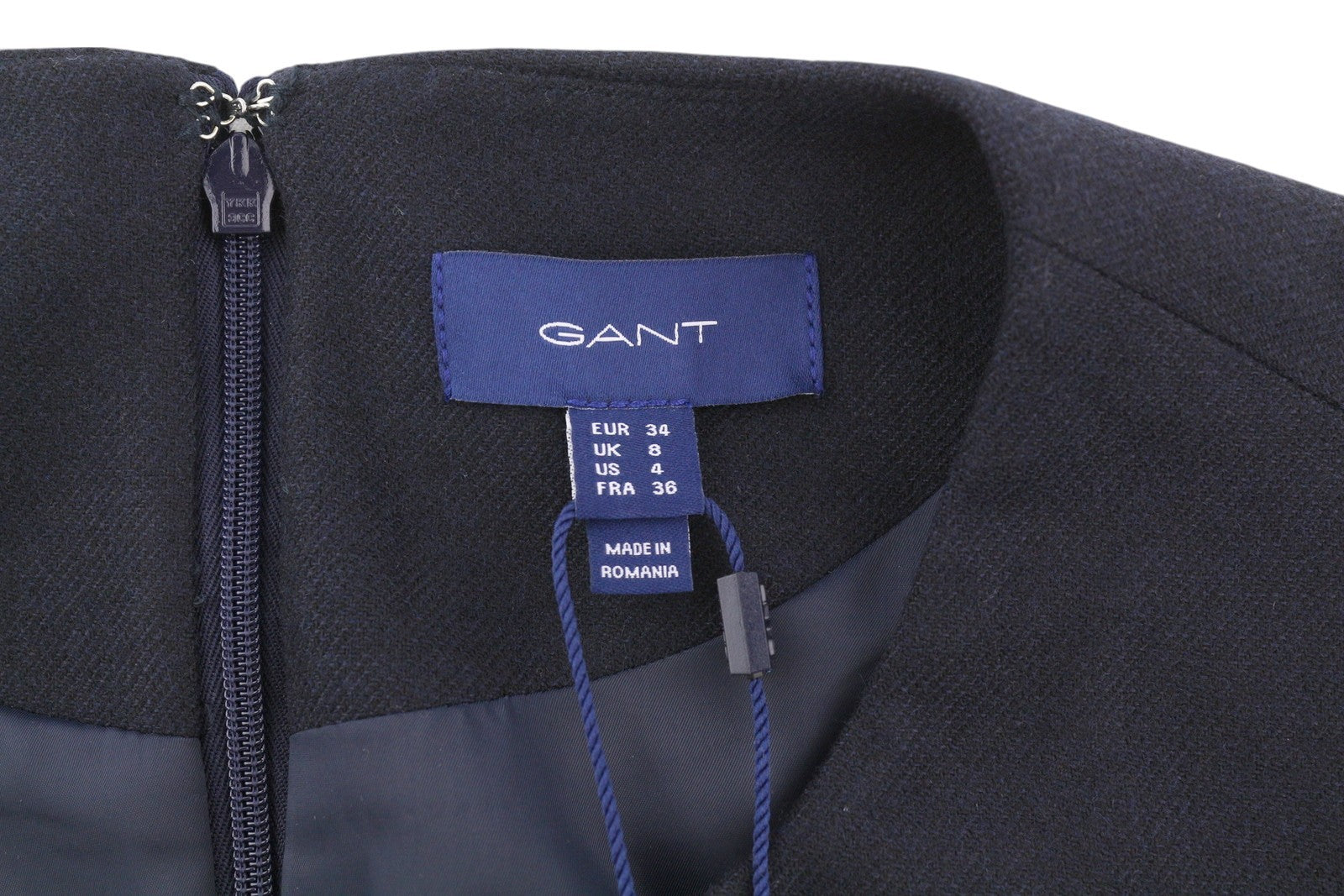 GANT skalbiama vilnonė A formos moteriška suknelė, tamsiai mėlyna, 3/4 rankovėmis, iki kelių. 