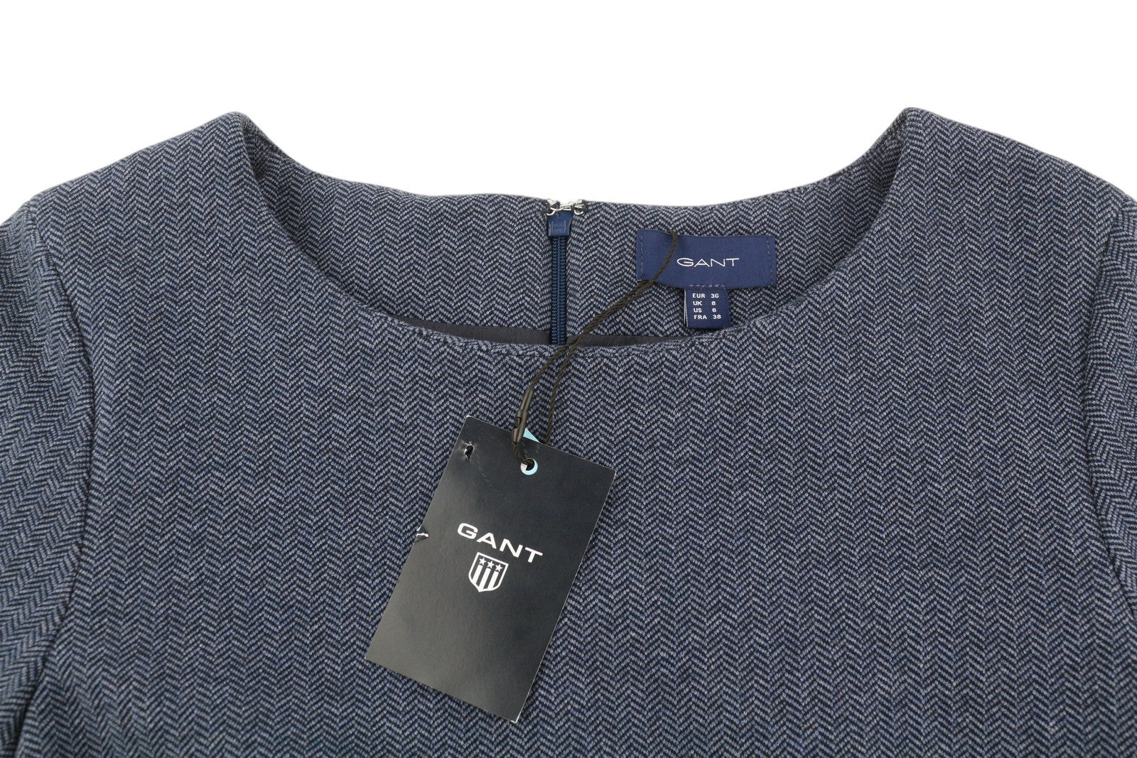 GANT „Herringbone“ džersio moteriška suknelė, 36 dydžio, mėlyna, apvali iškirptė, trumpomis rankovėmis, iki kelių. 