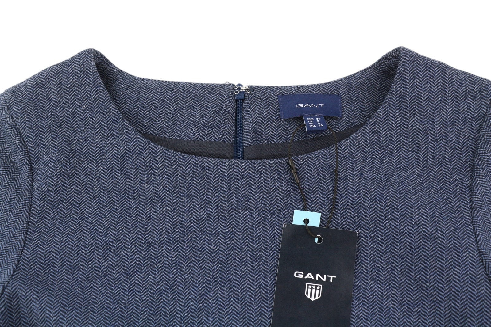 GANT „Herringbone“ džersio moteriška suknelė, 34 dydžio, mėlyna, apvali iškirptė, trumpomis rankovėmis, iki kelių. 