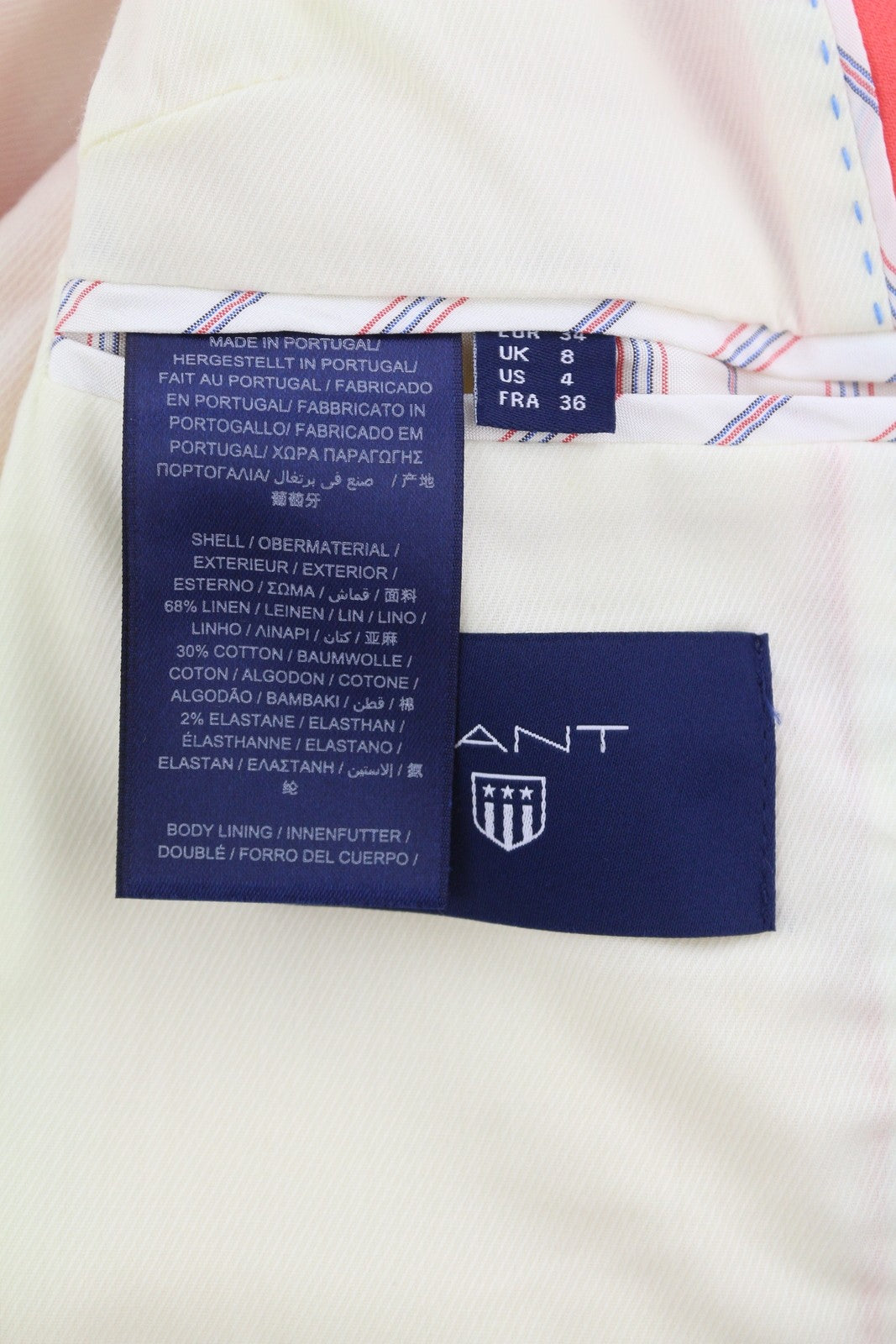 GANT moteriškas švarkas EU34 koralų spalvos lino mišinio su įpjova atvartu, vieneiliu pamušalu, logotipu 