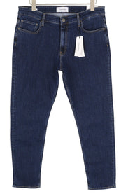 CALVIN KLEIN vyriški džinsai W34/L32 tamsiai mėlyni siaurėjantys tamprūs užtrauktukai su logotipu ir džinsiniu logotipu 