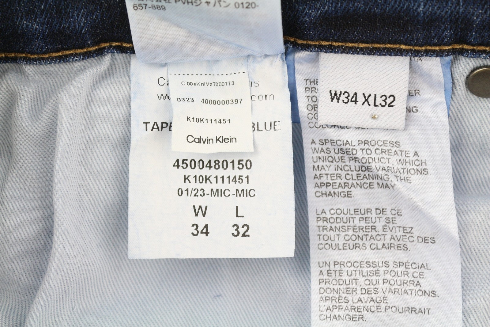 CALVIN KLEIN vyriški džinsai W34/L32 tamsiai mėlyni siaurėjantys tamprūs užtrauktukai su logotipu ir džinsiniu logotipu 