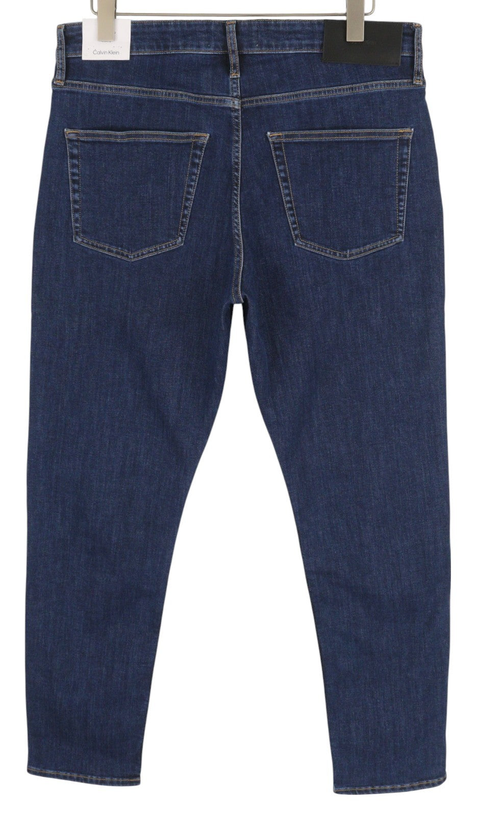CALVIN KLEIN vyriški džinsai W34/L32 tamsiai mėlyni siaurėjantys tamprūs užtrauktukai su logotipu ir džinsiniu logotipu 