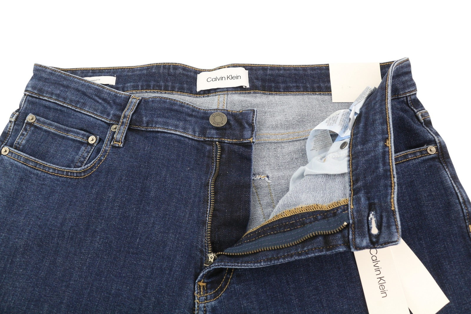 CALVIN KLEIN vyriški džinsai W34/L32 tamsiai mėlyni siaurėjantys tamprūs užtrauktukai su logotipu ir džinsiniu logotipu 